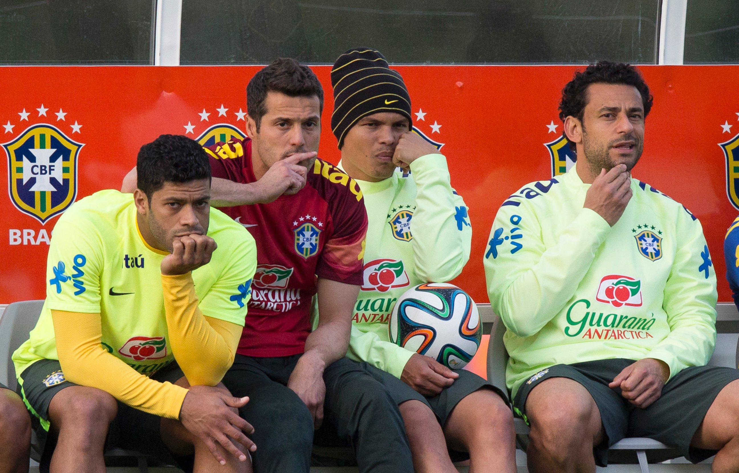 PHOTO: Brazil national soccer team members, from left, Hulk, Julio Cesar, Thiago Silva and Fred, watch other teammates train during a practice session at the Granja Comary training center, in Teresopolis, Brazil,  July 6, 2014. 