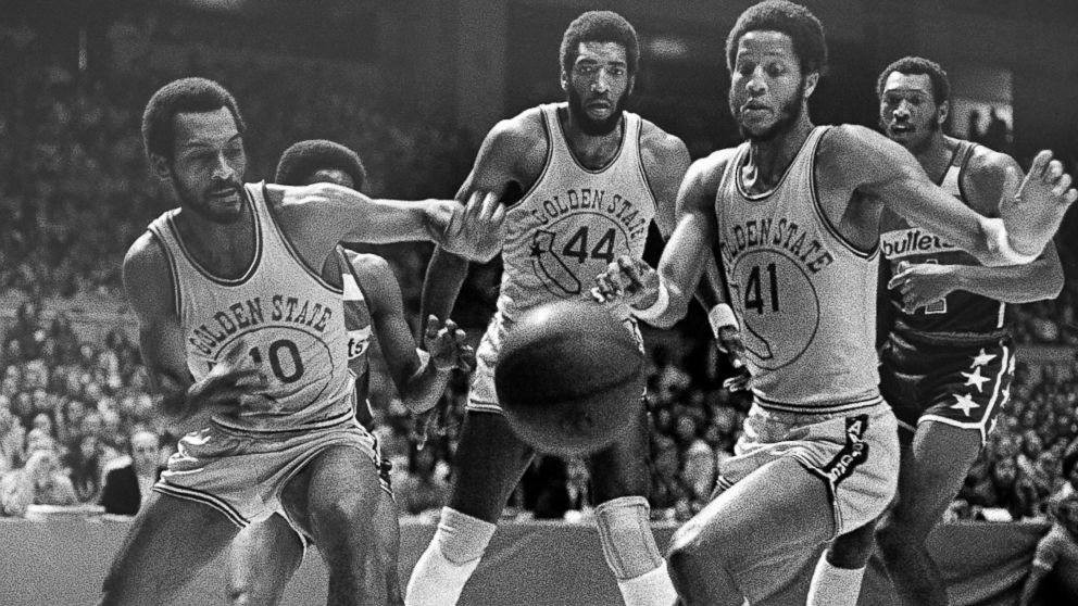 Charles Johnson (10), Clifford Ray (44) and Keith Wilkes (41) of the Golden State Warriors during the first half of NBA championship game against the Washington Bullets at the Cow Palace in San Francisco, May 23, 1975. 