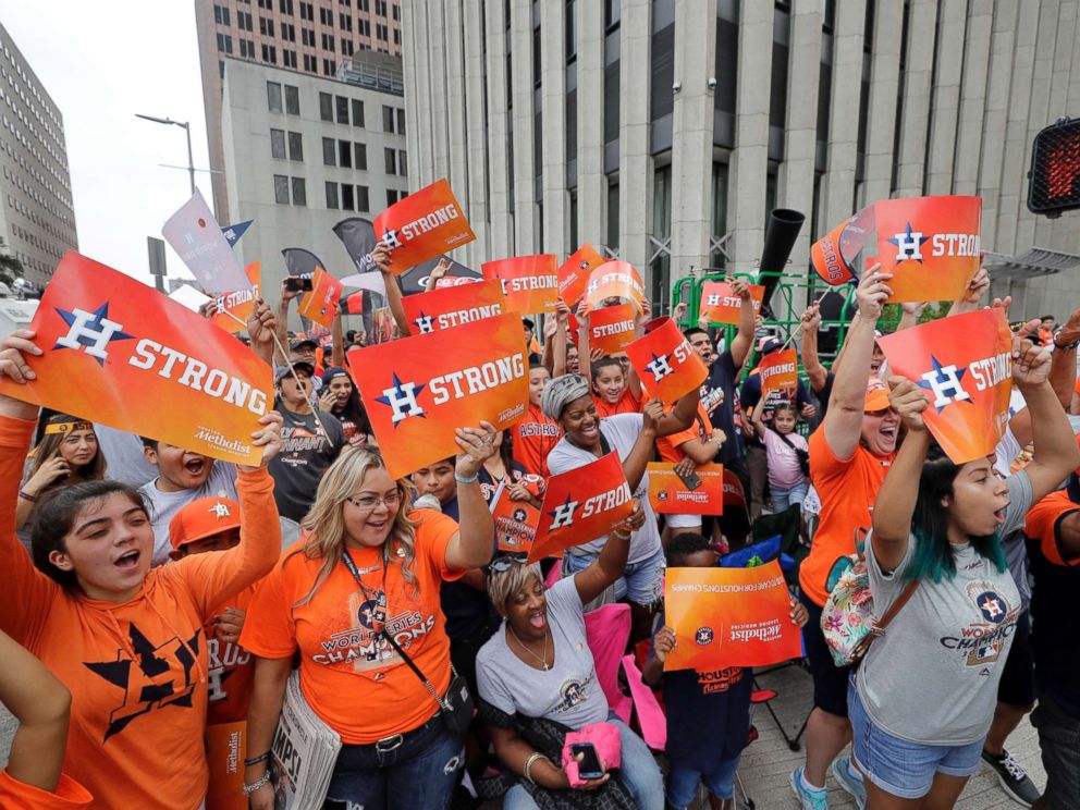 PHOTO: Houston Astros fans celebrate before a parade honoring the World Series baseball champions, Nov. 3, 2017, in Houston.