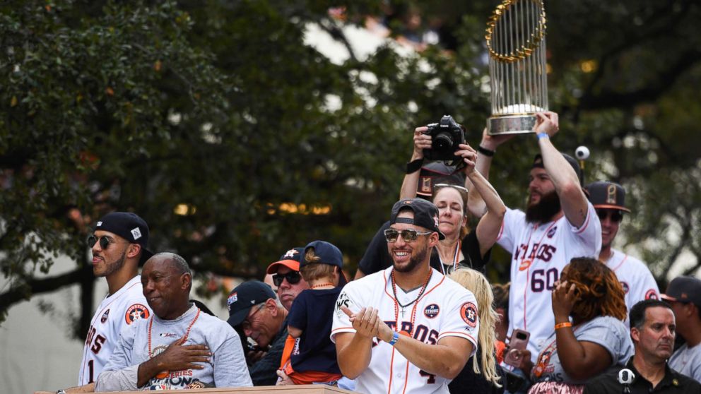 PHOTO: Houston Astros center fielder George Springer (4) greets fans during the World Series championship parade and rally for the Houston Astros in downtown Houston, Nov. 3, 2017.