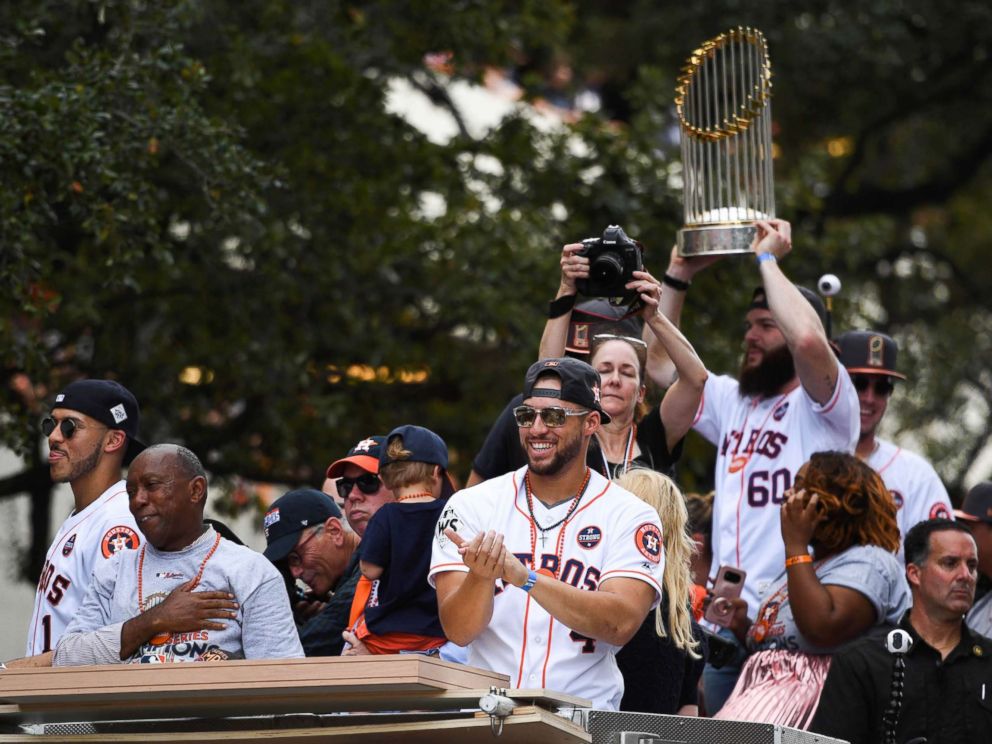 PHOTO: Houston Astros center fielder George Springer (4) greets fans during the World Series championship parade and rally for the Houston Astros in downtown Houston, Nov. 3, 2017.
