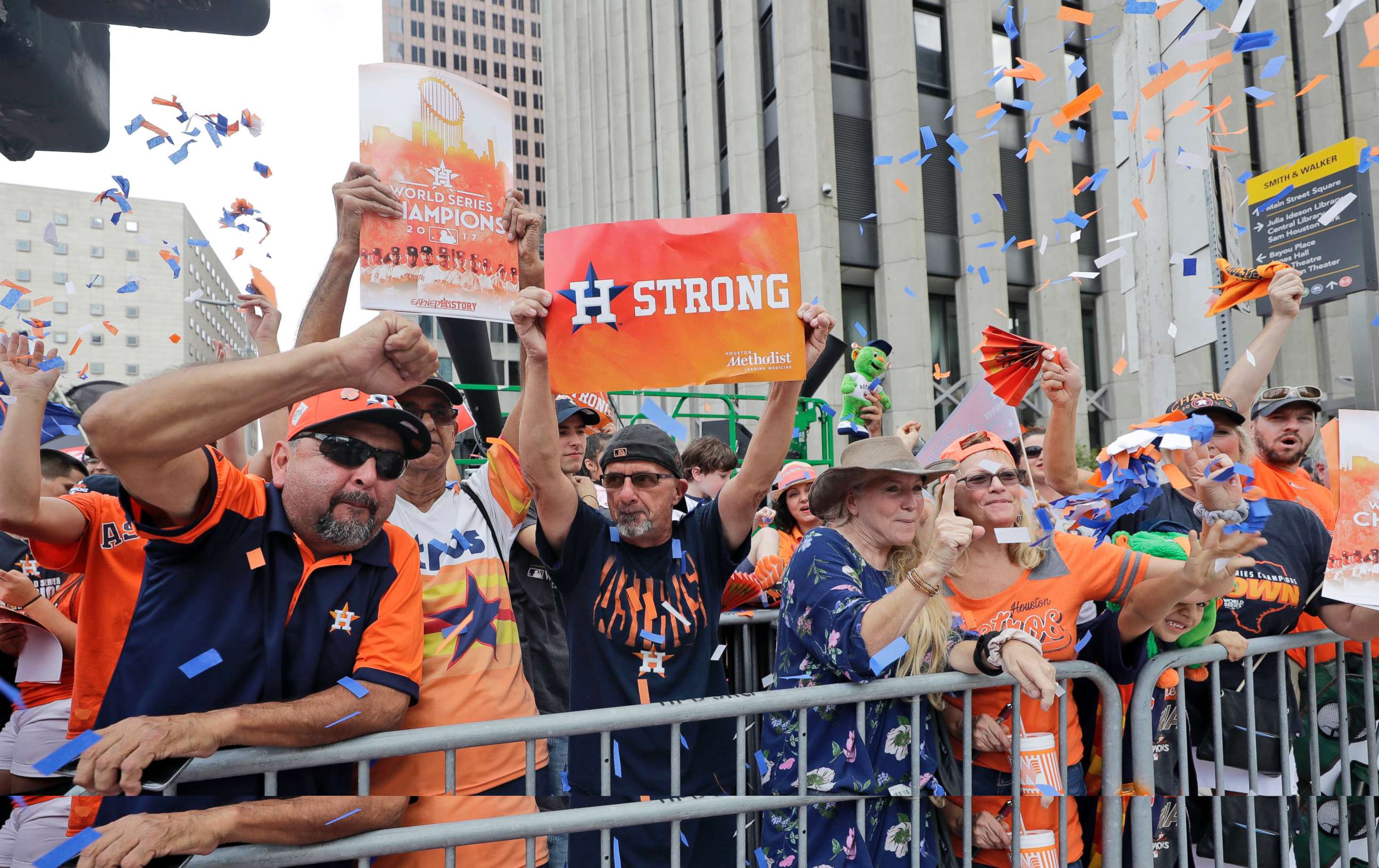 PHOTO: Houston Astros fans celebrate before a parade honoring the World Series baseball champions, Nov. 3, 2017, in Houston.
