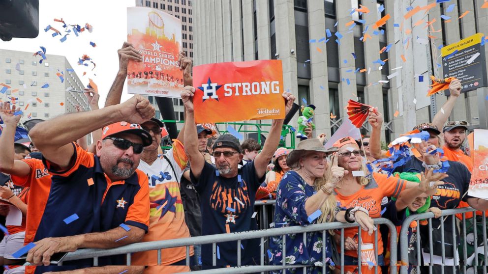 PHOTO: Houston Astros fans celebrate before a parade honoring the World Series baseball champions, Nov. 3, 2017, in Houston.