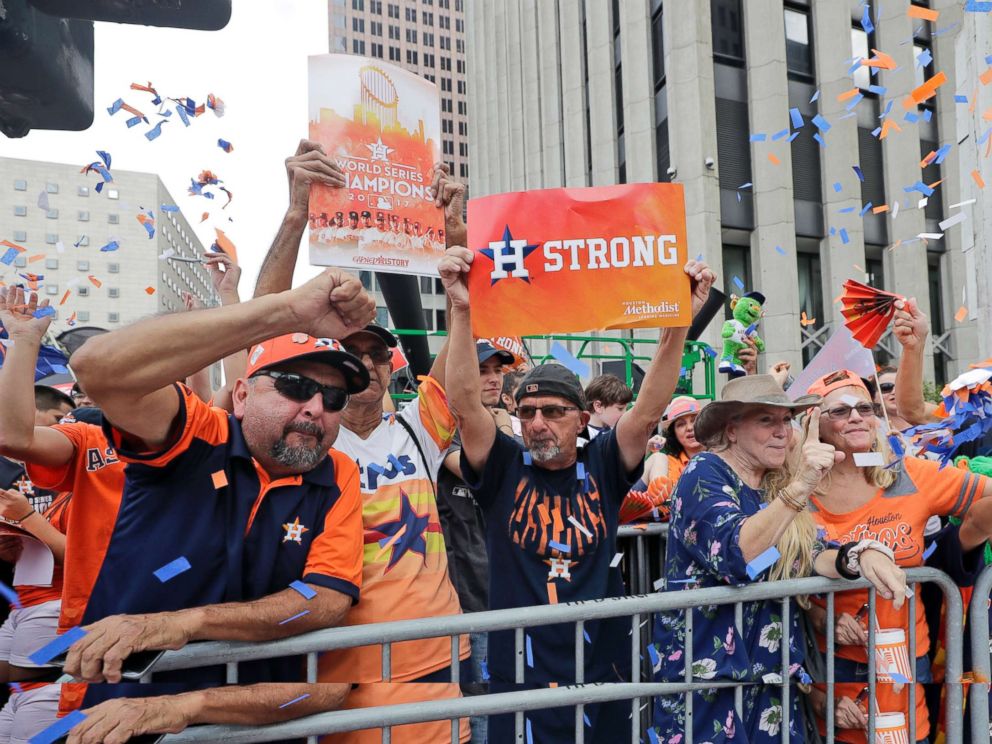 PHOTO: Houston Astros fans celebrate before a parade honoring the World Series baseball champions, Nov. 3, 2017, in Houston.