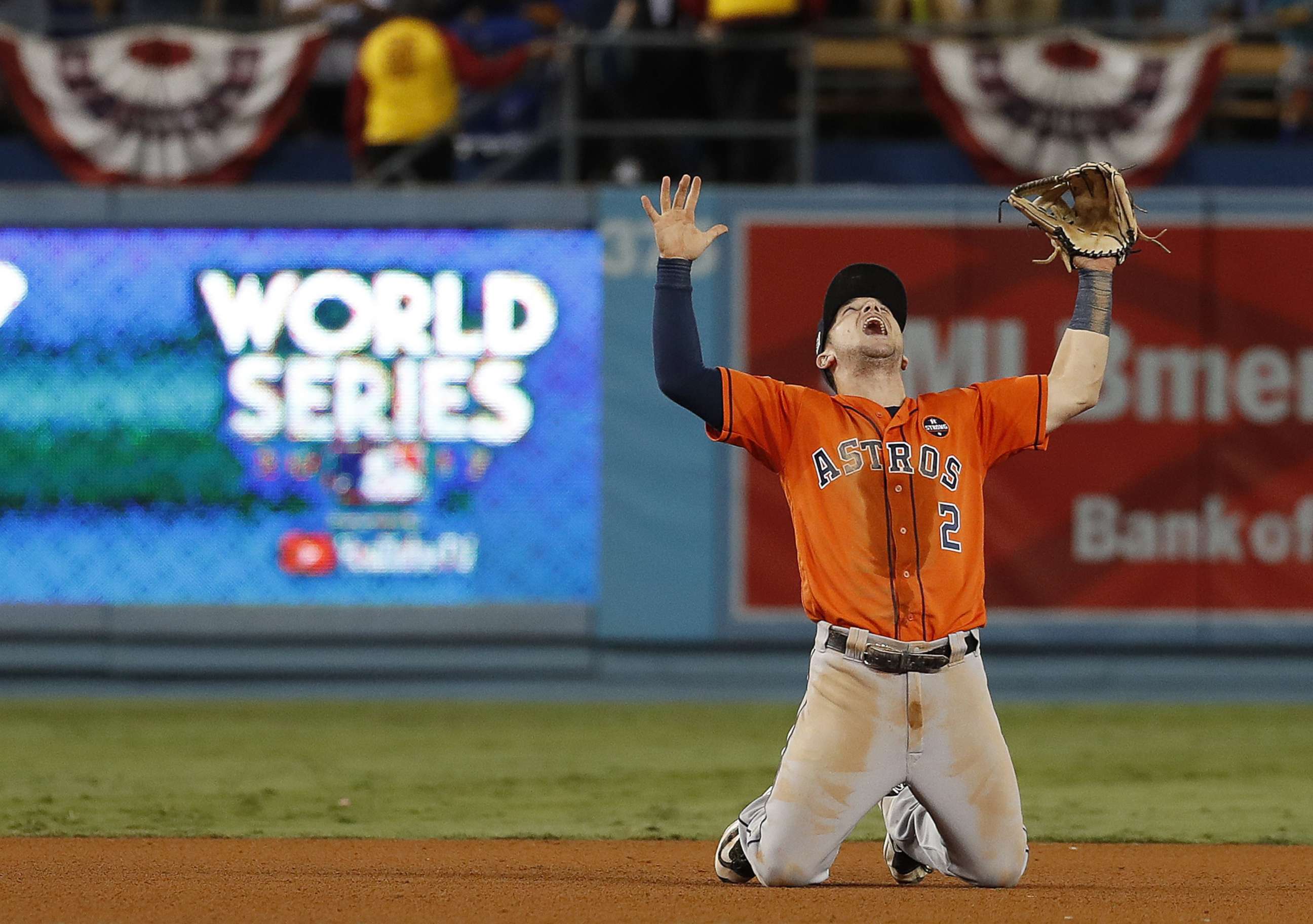 PHOTO: Houston Astros third baseman Alex Bregman reacts after the Astros defeated the Los Angeles Dodgers the World Series game seven at Dodger Stadium in Los Angeles, Nov. 1, 2017. 
