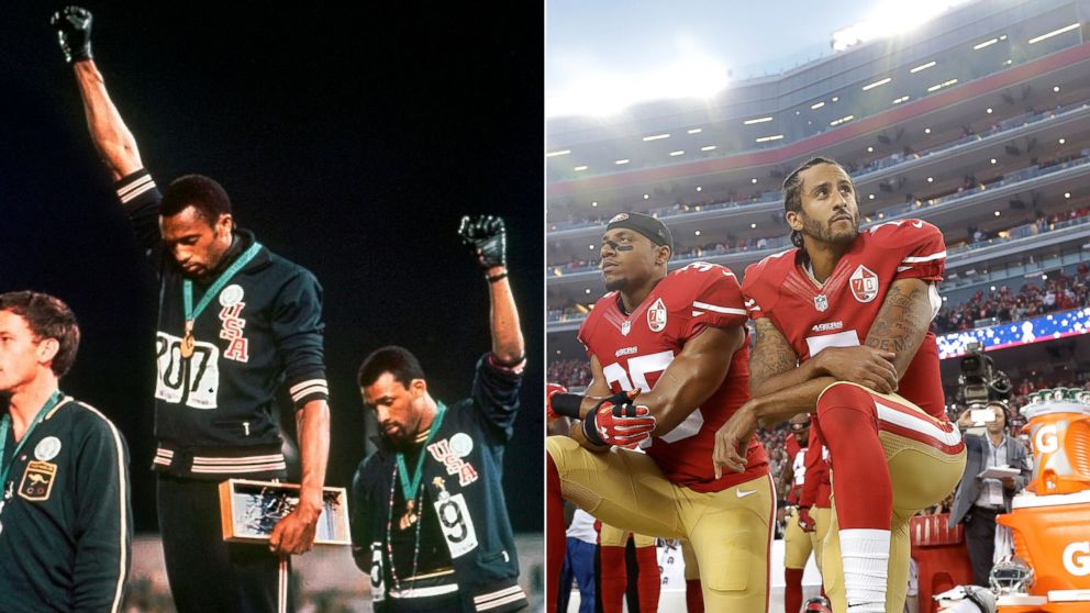 Tommie Smith and John Carlos raise their fists in protest during the playing of the national anthem at the Summer Olympic Games in Mexico City, Oct. 16, 1968, and San Francisco 49ers safety Eric Reid and quarterback Colin Kaepernick kneel during the national anthem before an NFL football game against the Los Angeles Rams, Sept. 12, 2016.