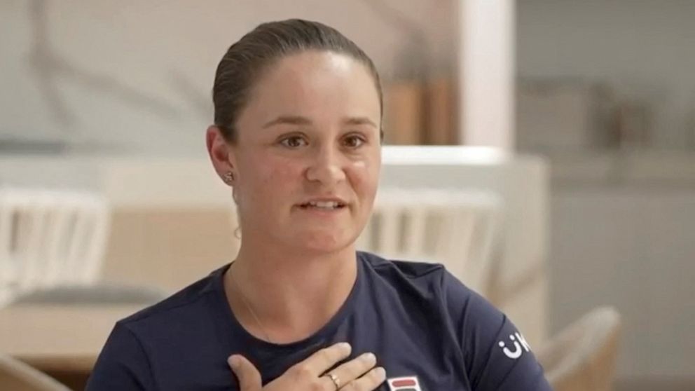 PHOTO: Australia's world number one Ashleigh Barty gestures during her retirement announcement in Brisbane, Australia.