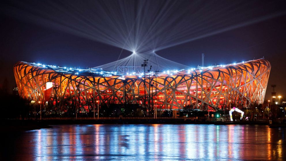 PHOTO: A light show is pictured at the National Stadium, also known as the Bird's Nest, ahead of the Beijing 2022 Winter Olympics, in Beijing, Feb. 2, 2022.