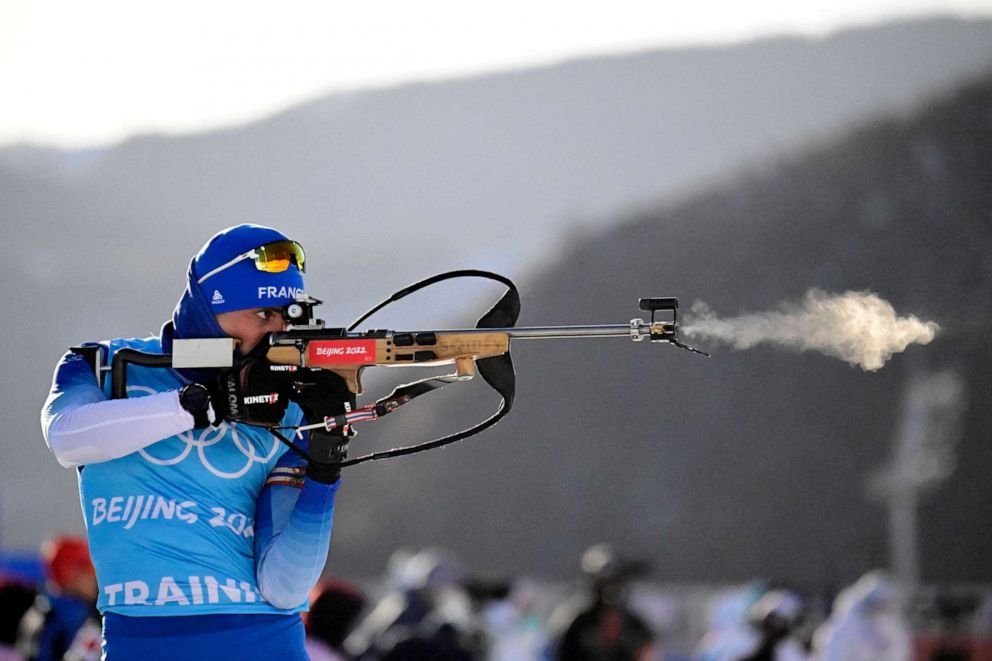PHOTO: France's Simon Desthieux trains at the shooting range during a biathlon practice session at the National Biathlon Centre in Zhangjiakou on Feb. 2, 2022, ahead of the Beijing 2022 Winter Olympic Games. 