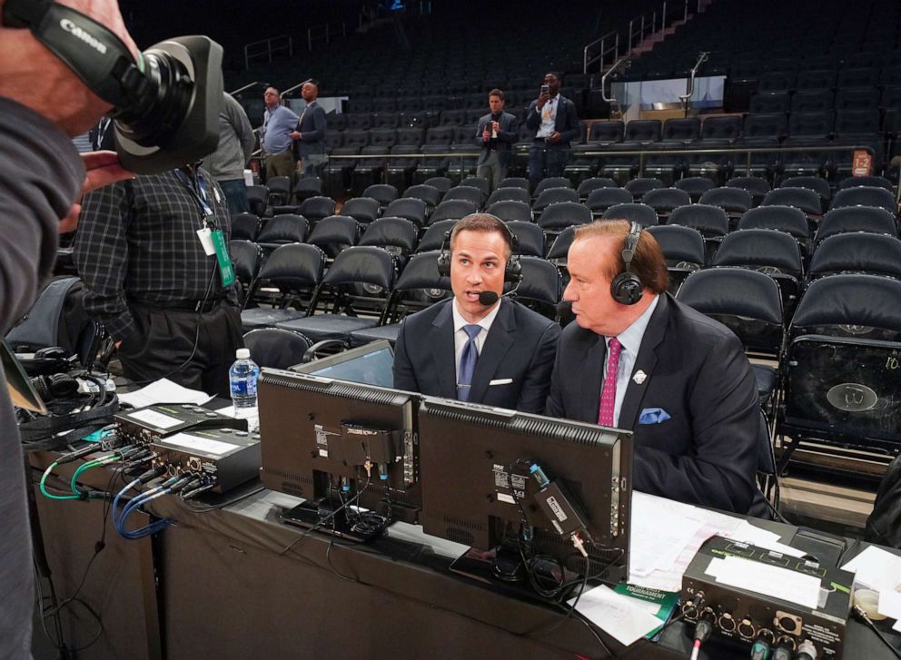PHOTO: Fox Sports announcer Tim Brando, right, and analyst Nick Bahe on the air after a quarterfinal game between the St. John's Red Storm and the Creighton Bluejays at Madison Square Garden, March 12, 2020, in New York City.