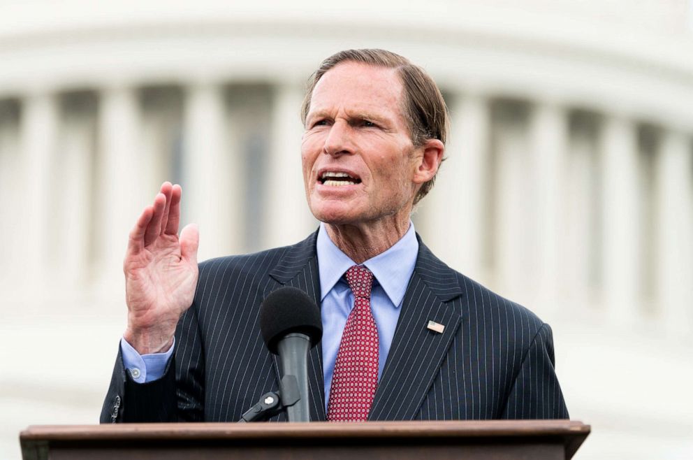 PHOTO: Senator Richard Blumenthal speaks during the event in front of the Capitol to urge the passage of the H.R. 8 universal (gun ownership) background checks legislation. Event was held at the grass on the eastern side of the U.S. Capitol in Washington.