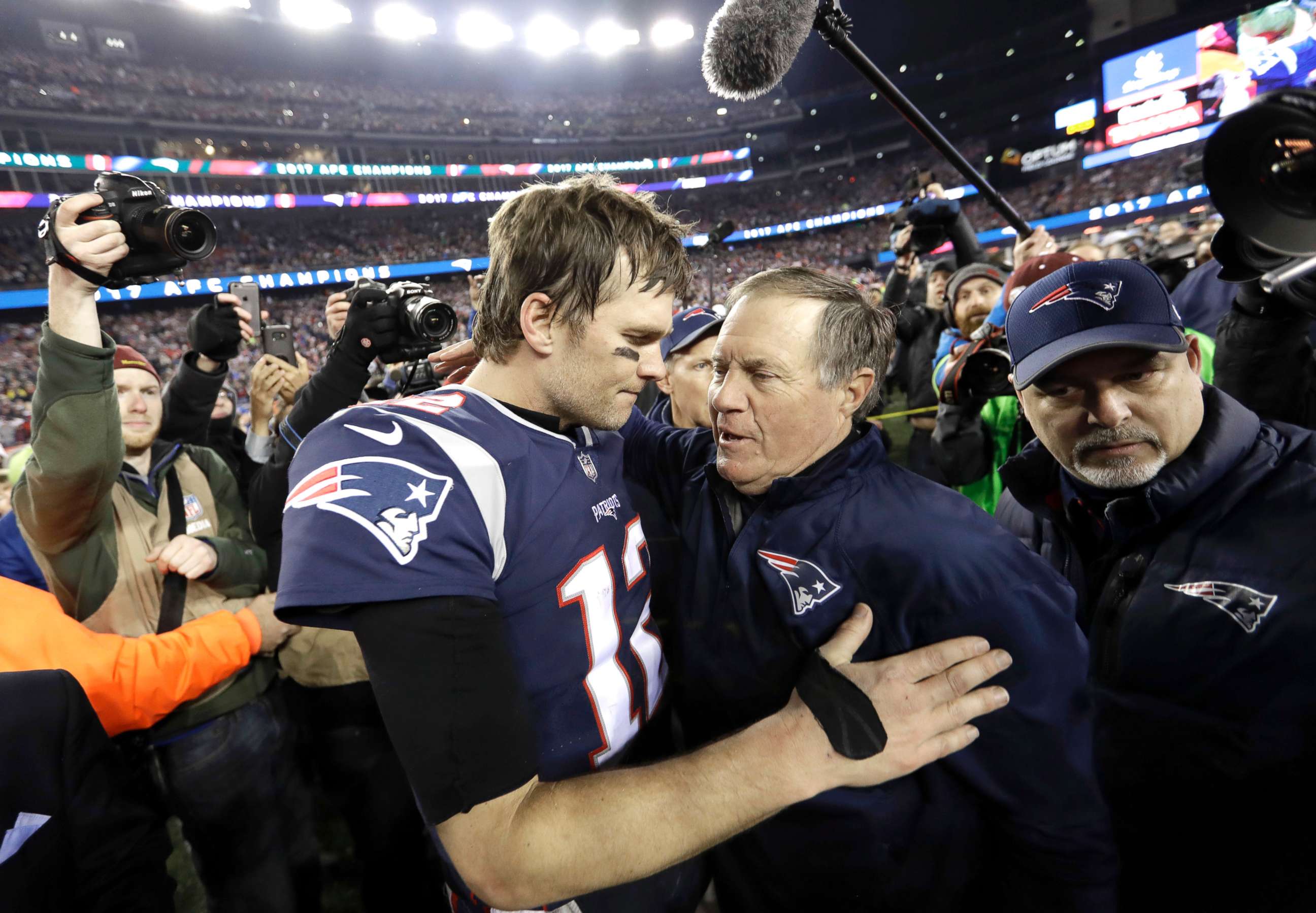 PHOTO: New England Patriots quarterback Tom Brady, hugs coach Bill Belichick after the AFC championship NFL football game against the Jacksonville Jaguars, Jan. 21, 2018, in Foxborough, Mass.