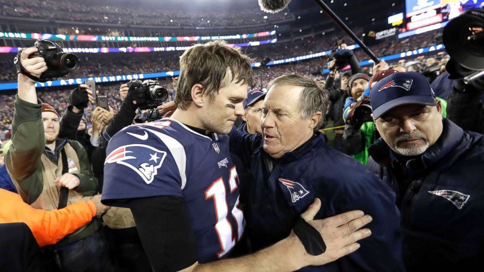 PHOTO: New England Patriots quarterback Tom Brady, hugs coach Bill Belichick after the AFC championship NFL football game against the Jacksonville Jaguars, Jan. 21, 2018, in Foxborough, Mass.