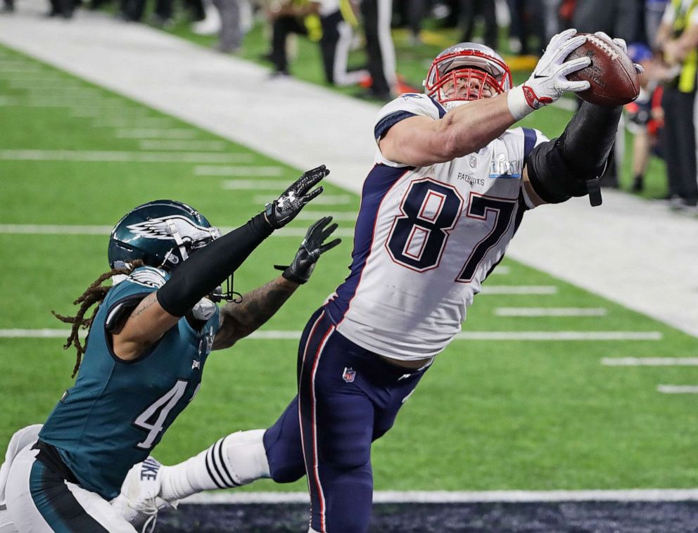 PHOTO: Rob Gronkowski #87 of the New England Patriots makes a 4-yard touchdown reception against Ronald Darby #41 of the Philadelphia Eagles in the fourth quarter of Super Bowl LII at U.S. Bank Stadium, Feb. 4, 2018, in Minneapolis.