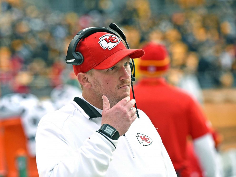 PHOTO: Quality control coach Britt Reid of the Kansas City Chiefs looks on from the sideline before a game against the Pittsburgh Steelers at Heinz Field, Dec. 21, 2014, in Pittsburgh.