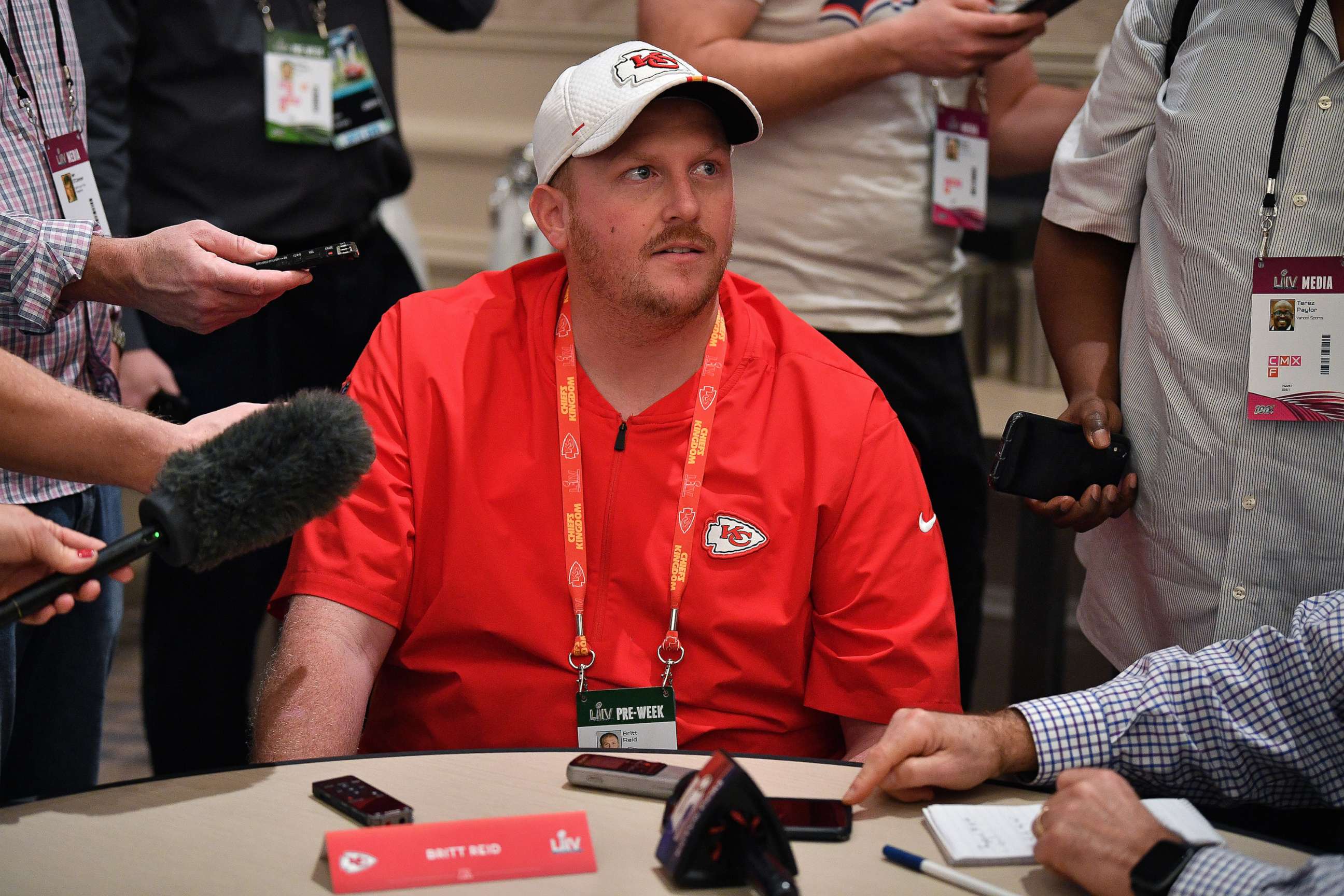 PHOTO: Britt Reid Linebackers coach for the Kansas City Chiefs speaks to the media during the Kansas City Chiefs media availability prior to Super Bowl LIV at the JW Marriott Turnberry on Jan. 29, 2020 in Aventura, Fla.