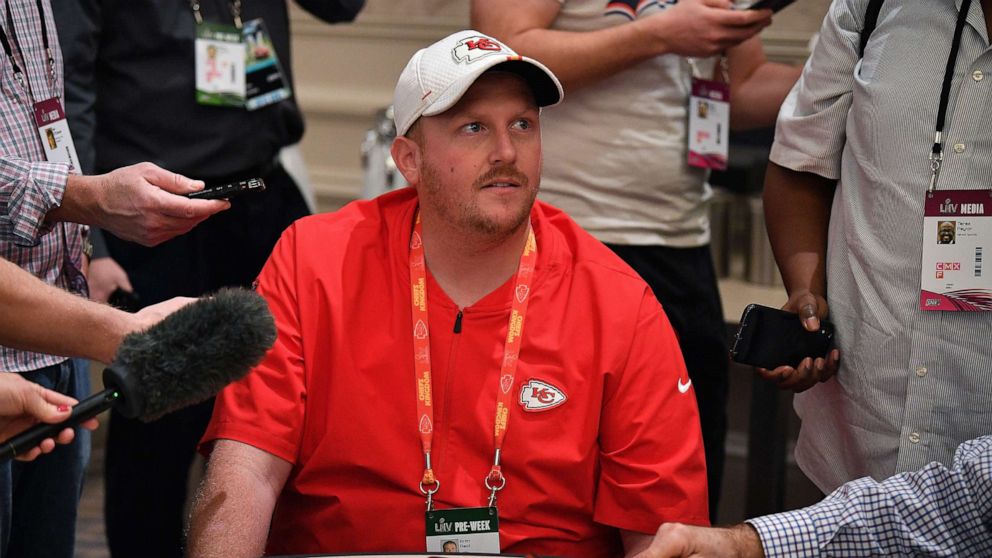 PHOTO: Britt Reid Linebackers coach for the Kansas City Chiefs speaks to the media during the Kansas City Chiefs media availability prior to Super Bowl LIV at the JW Marriott Turnberry on Jan. 29, 2020 in Aventura, Fla.