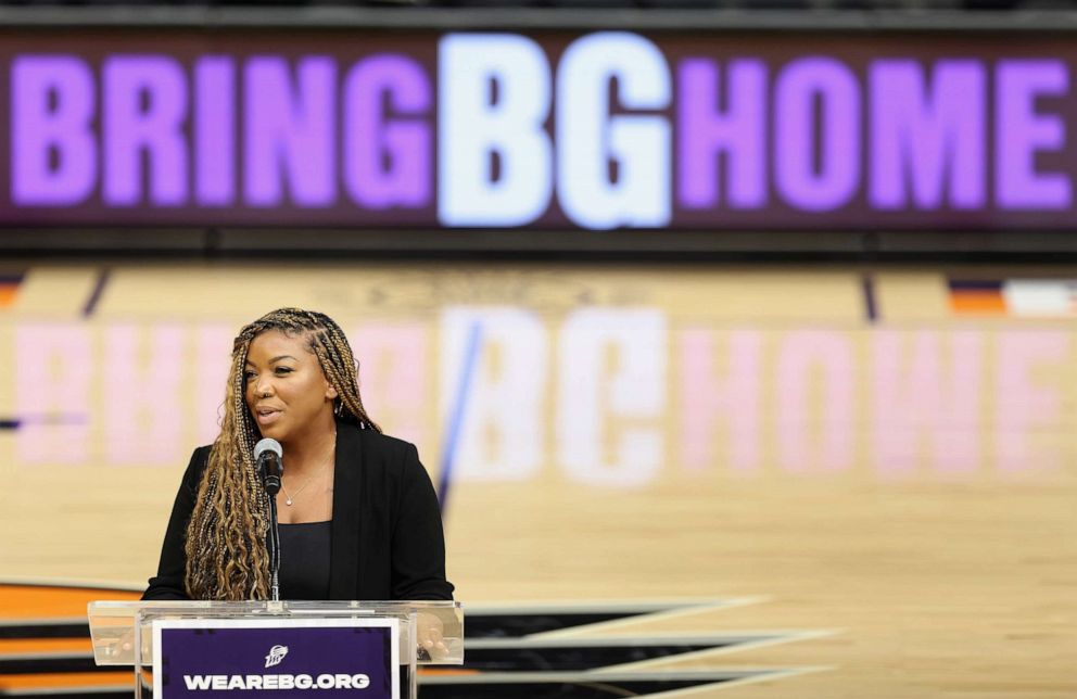 PHOTO: PCherelle Griner, wife of Brittney Griner, speaks during a rally to support the release of the detained American professional athlete at Footprint Center on July 06, 2022 in Phoenix.