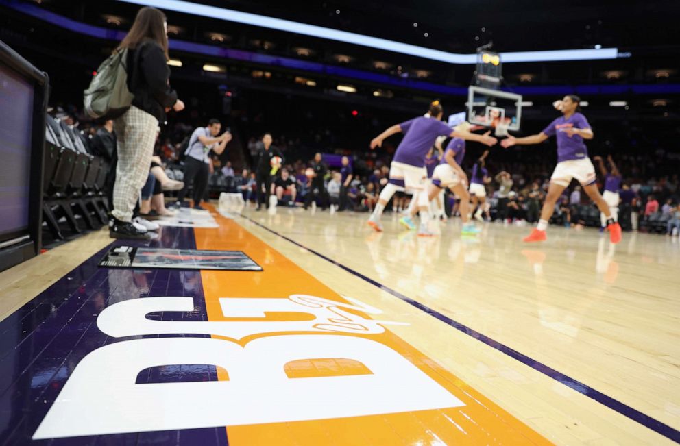 PHOTO: PA decal for Brittney Griner #42 of the Phoenix Mercury is displayed on the court before the WNBA game at Footprint Center on May 11, 2022 in Phoenix.