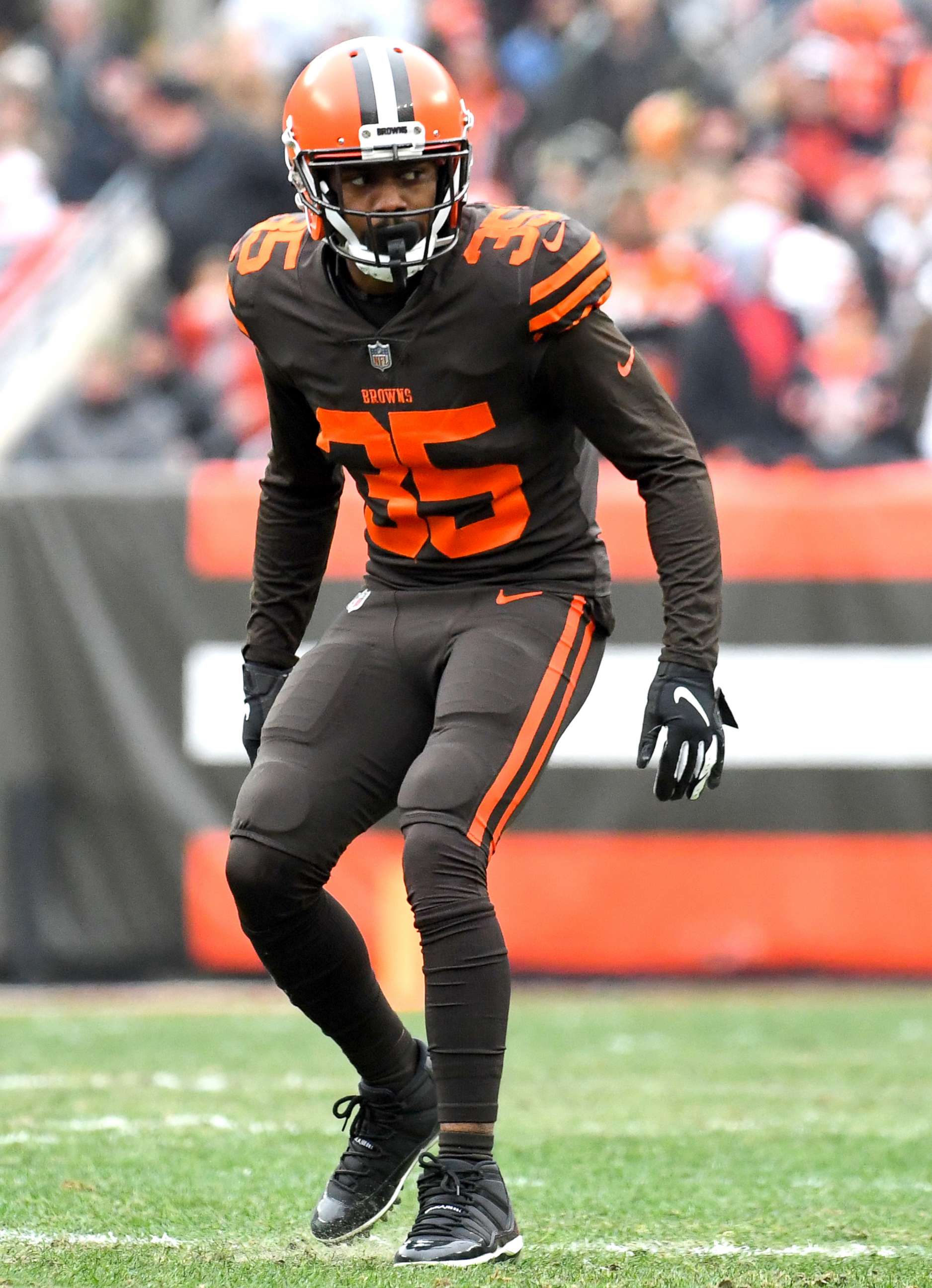 PHOTO:Defensive back Jermaine Whitehead #35 of the Cleveland Browns awaits the snap on a punt in the first quarter of a game against the Cincinnati Bengals, Dec. 23, 2018, in Cleveland, Ohio. 