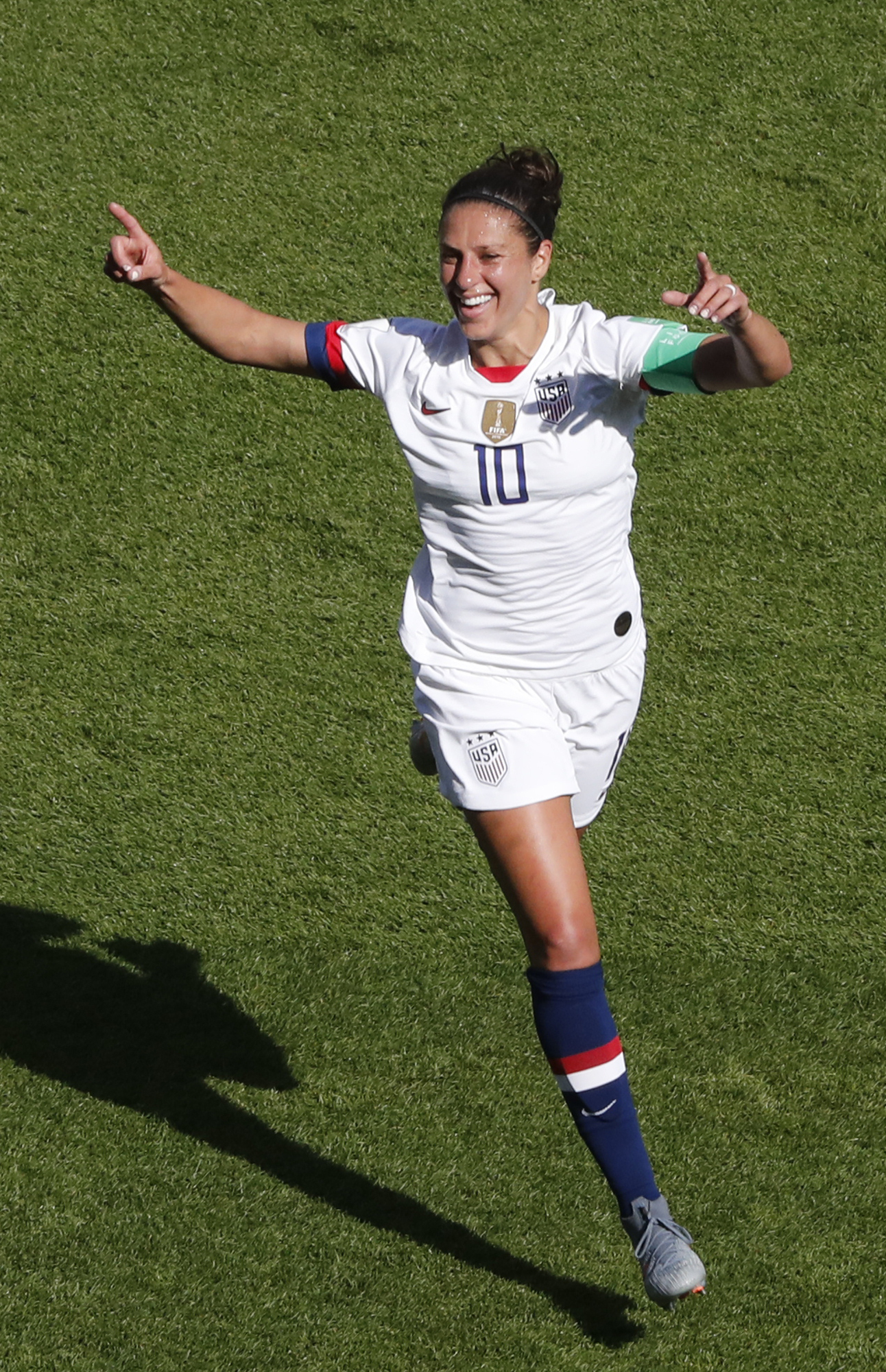PHOTO: United States' Carli Lloyd celebrates after scoring the opening goal during the Women's World Cup Group F soccer match between the United States and Chile at the Parc des Princes in Paris, Sunday, June 16, 2019.