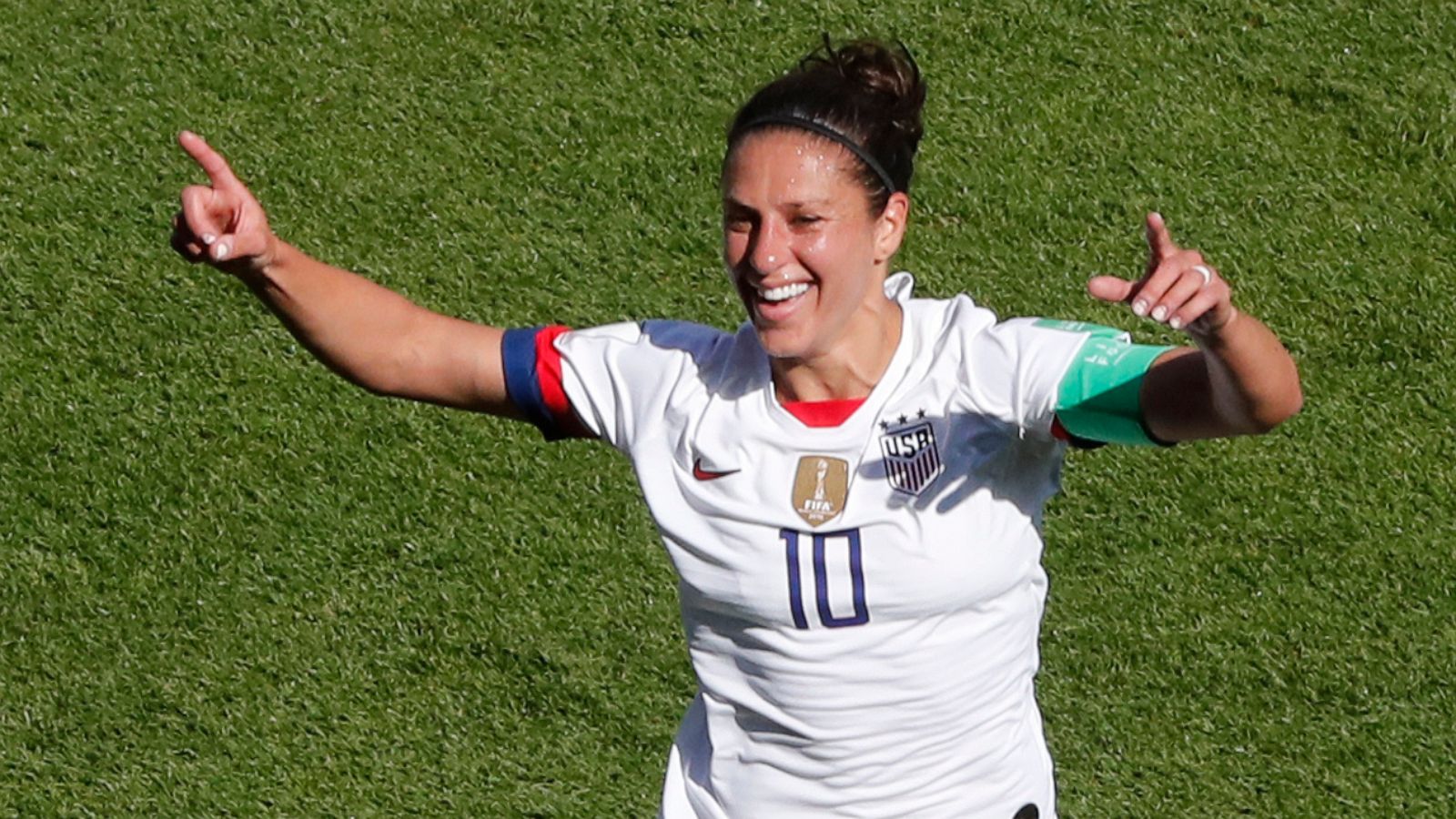 PHOTO: United States' Carli Lloyd celebrates after scoring the opening goal during the Women's World Cup Group F soccer match between the United States and Chile at the Parc des Princes in Paris, Sunday, June 16, 2019.