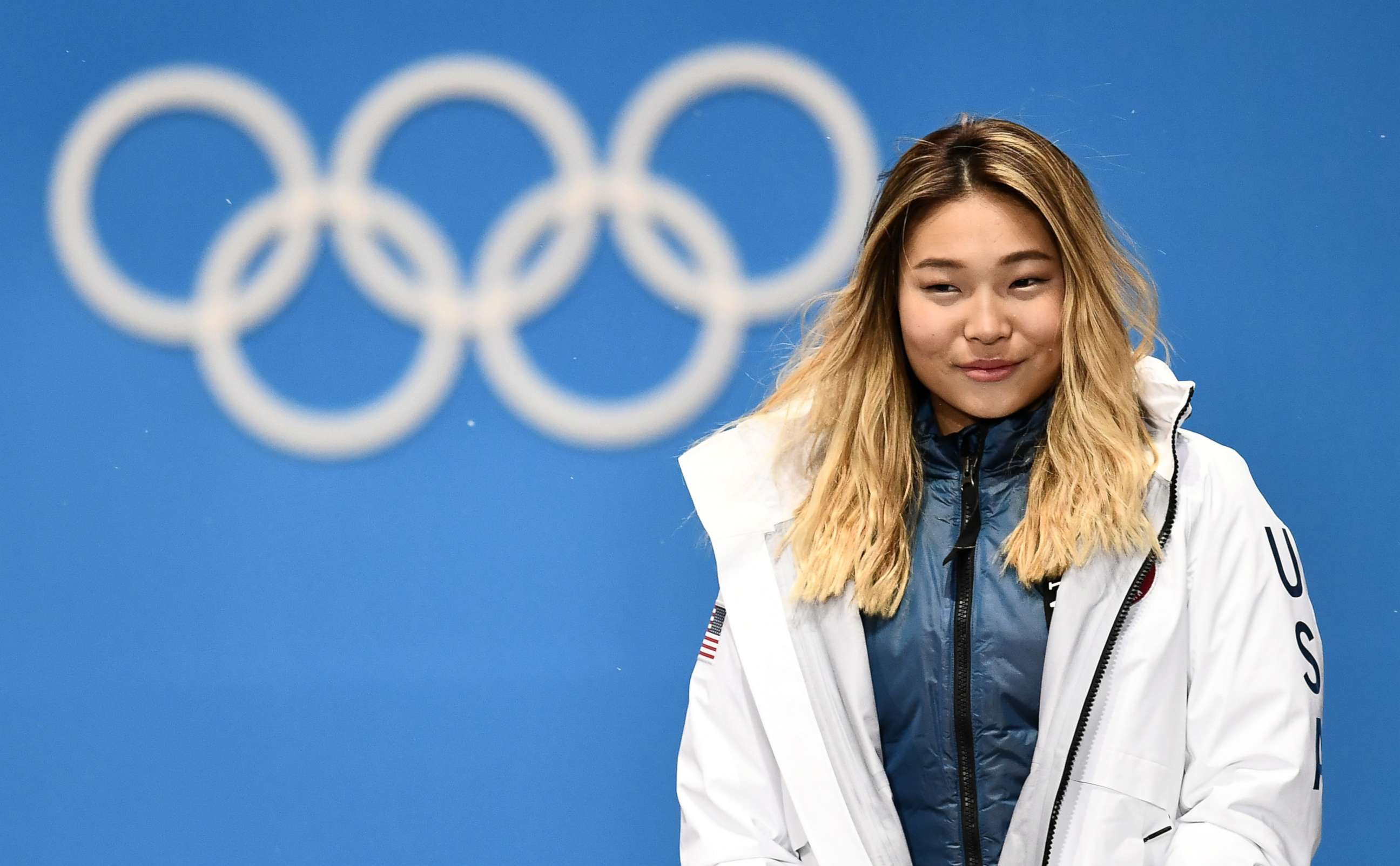 PHOTO: Gold medalist Chloe Kim of the U.S., during the medal ceremony for the women's snowboard halfpipe event, at the PyeongChang 2018 Olympic Games, South Korea, Feb. 13, 2018.
