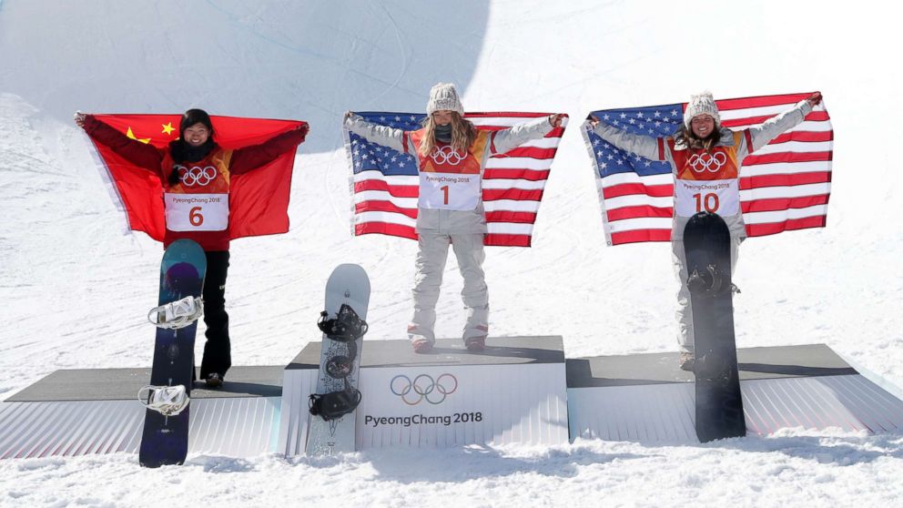 PHOTO: American Chloe Kim (C), the winner of the women's snowboard halfpipe at the Pyeongchang Winter Olympics, poses with silver medalist Liu Jiayu (L) of China and compatriot and bronze medalist Arielle Gold in Pyeongchang, South Korea, Feb. 13, 2018. 