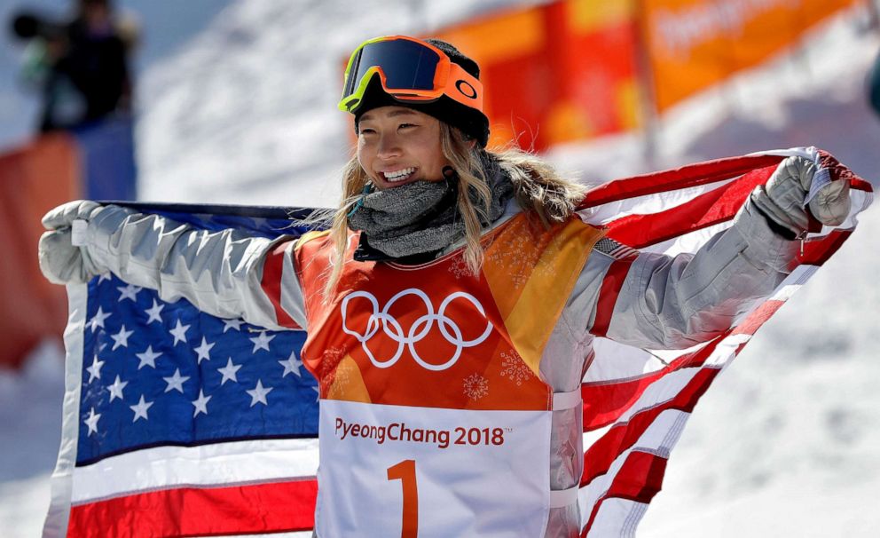 PHOTO: FILE - ChloeÂ Kim, of the United States, celebrates winning gold after the women's halfpipe finals at Phoenix Snow Park at the 2018 Winter Olympics in Pyeongchang, South Korea on Feb. 13, 2018.
