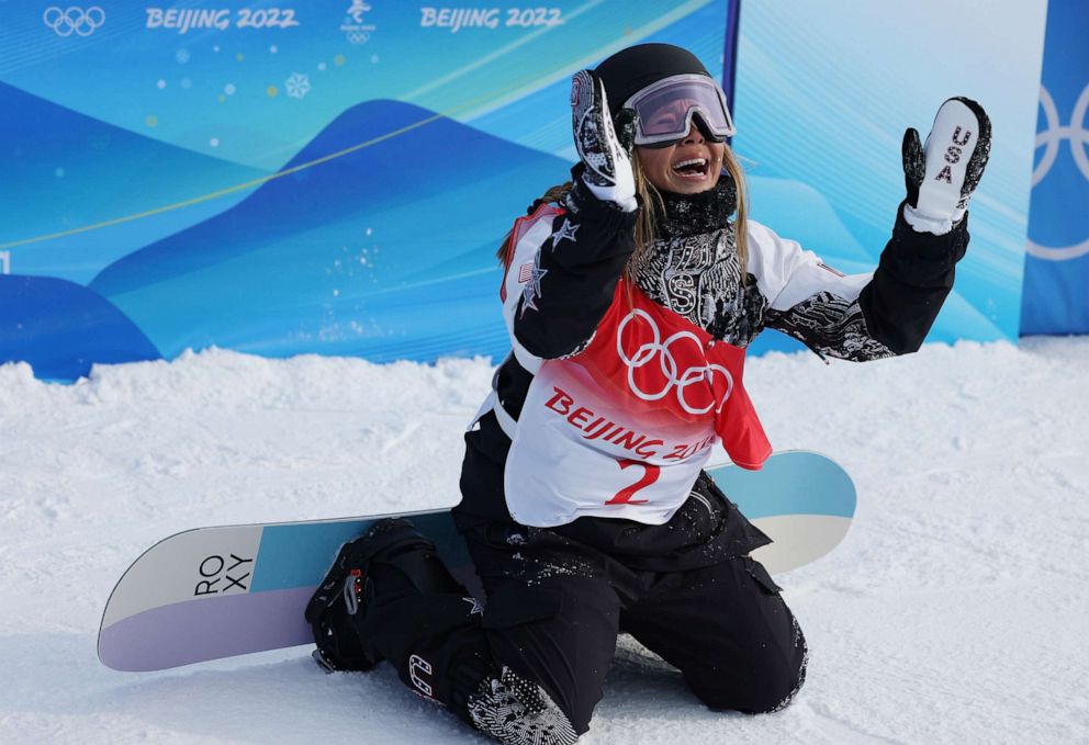 PHOTO: Chloe Kim of Team United States reacts during the women's snowboard halfpipe final on Day 6 of the Beijing 2022 Winter Olympics at Genting Snow Park on Feb. 10, 2022, in Zhangjiakou, China. (Photo by Patrick Smith/Getty Images)