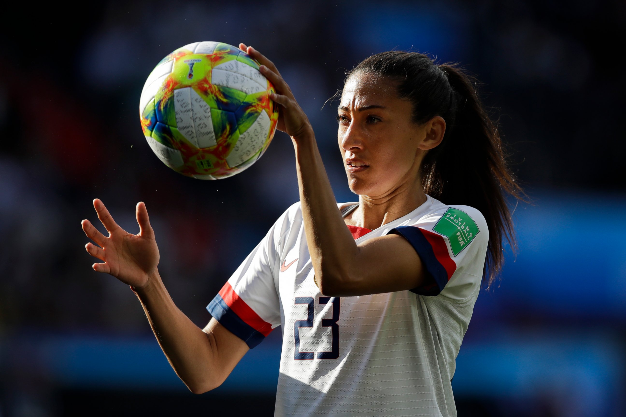 PHOTO: United States' Christen Press catches the ball during the Women's World Cup Group F soccer match between United States and Chile at Parc des Princes in Paris, France, Sunday, June 16, 2019.