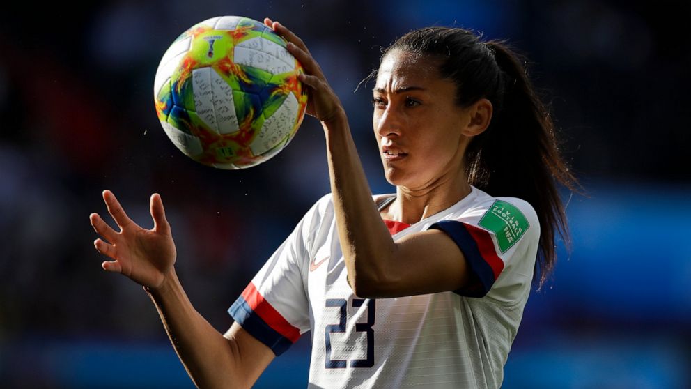 PHOTO: United States' Christen Press catches the ball during the Women's World Cup Group F soccer match between United States and Chile at Parc des Princes in Paris, France, Sunday, June 16, 2019.
