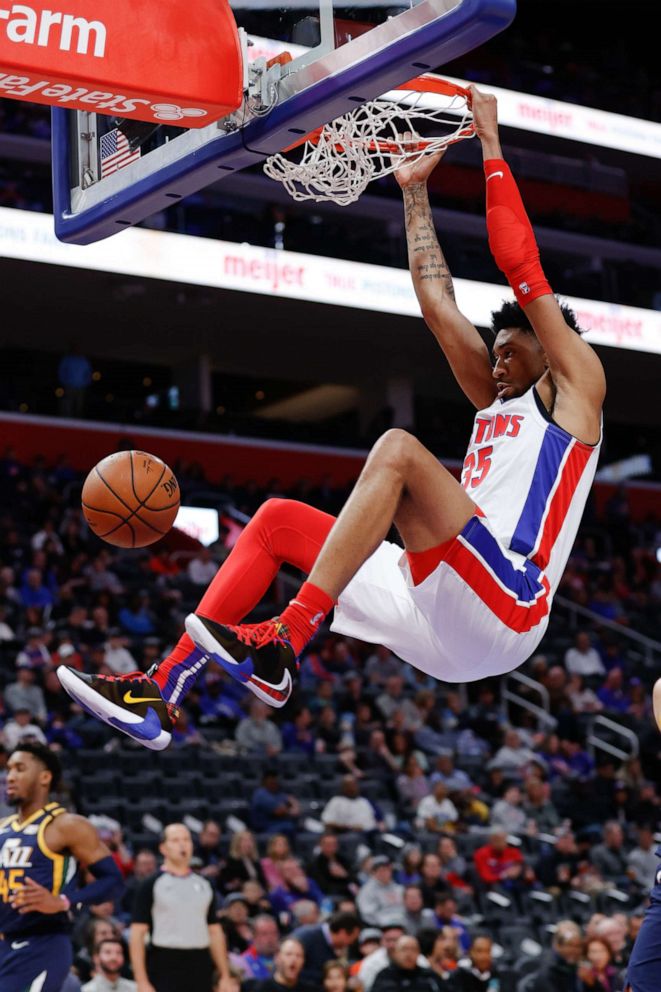 PHOTO: Detroit Pistons forward Christian Wood dunks against the Utah Jazz on March 7, 2020, in the first half at Little Caesars Arena.
