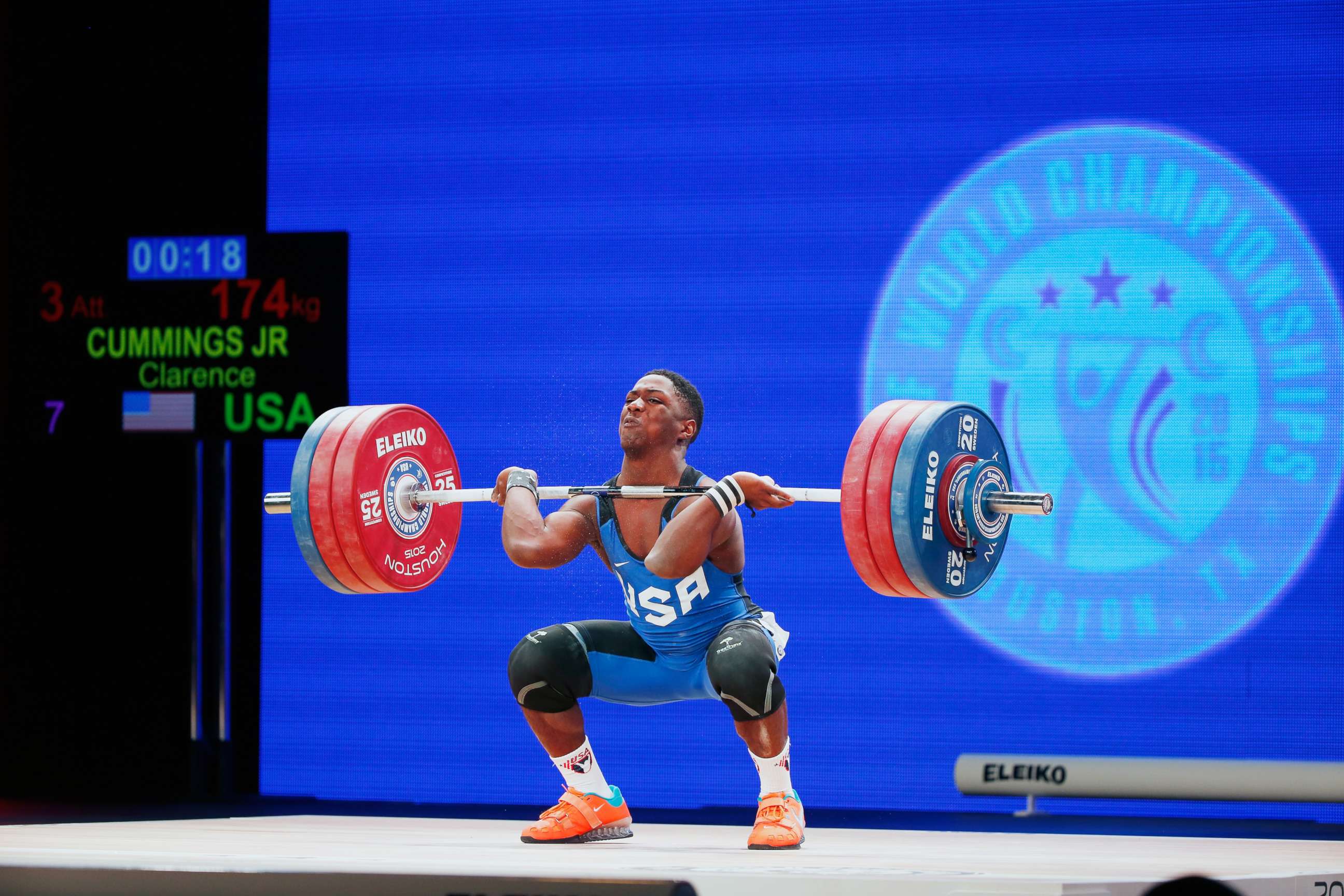 PHOTO: Clarence Cummings Jr. of the United States competes in the men's 69kg weight class during the 2015 International Weightlifting Federation World Championships at the George R. Brown Convention Center on November 22, 2015 in Houston, Texas.