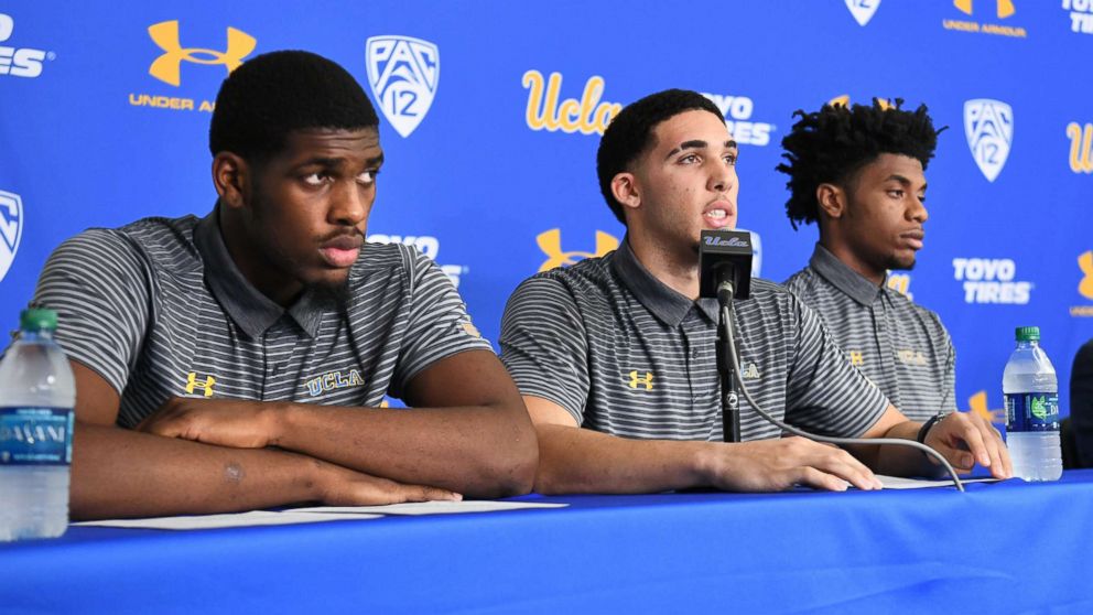 PHOTO: UCLA basketball players (L-R) Cody Riley, LiAngelo Ball and Jalen Hill give statements at Pauley Pavilion about their arrests in China during a press conference, Nov. 15, 2017 in Los Angeles. 