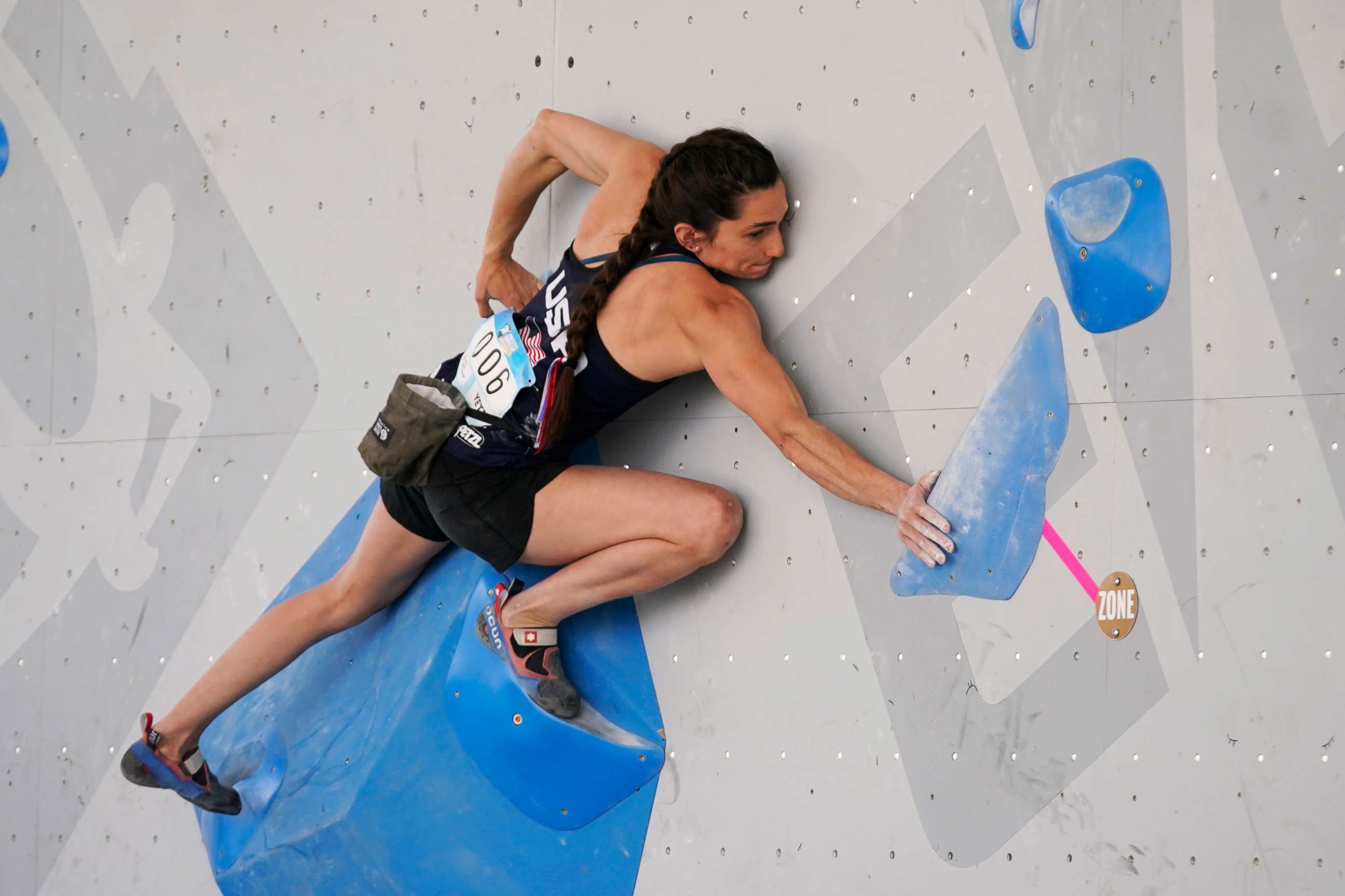 PHOTO: U.S. Kyra Condie climbs during women's boulder qualification at the climbing World Cup on May 21, 2021, in Salt Lake City.