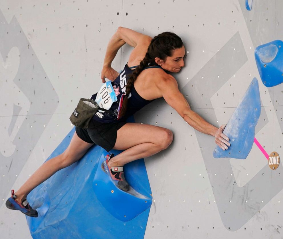 PHOTO: U.S. Kyra Condie climbs during women's boulder qualification at the climbing World Cup on May 21, 2021, in Salt Lake City.