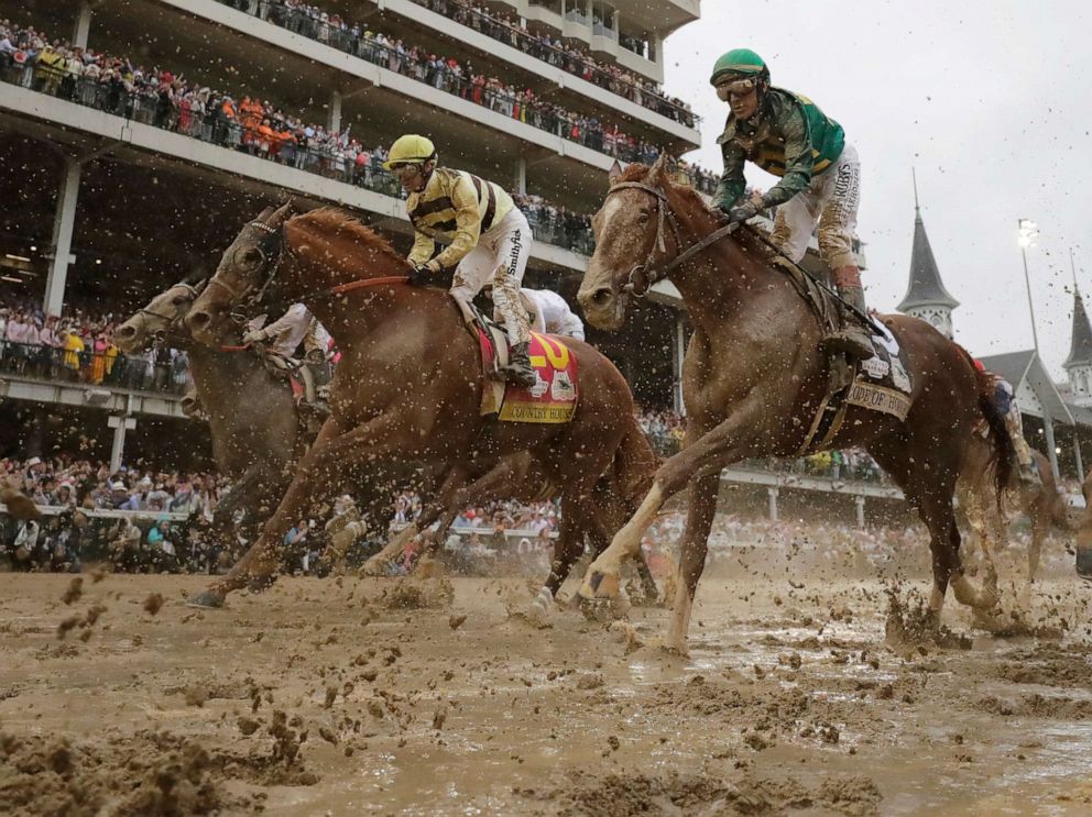 PHOTO: Flavien Prat rides Country House to the finish line during the Kentucky Derby at Churchill Downs, May 4, 2019, in Louisville, Ky. Country House was declared the winner after Maximum Security was disqualified following a review by race stewards.