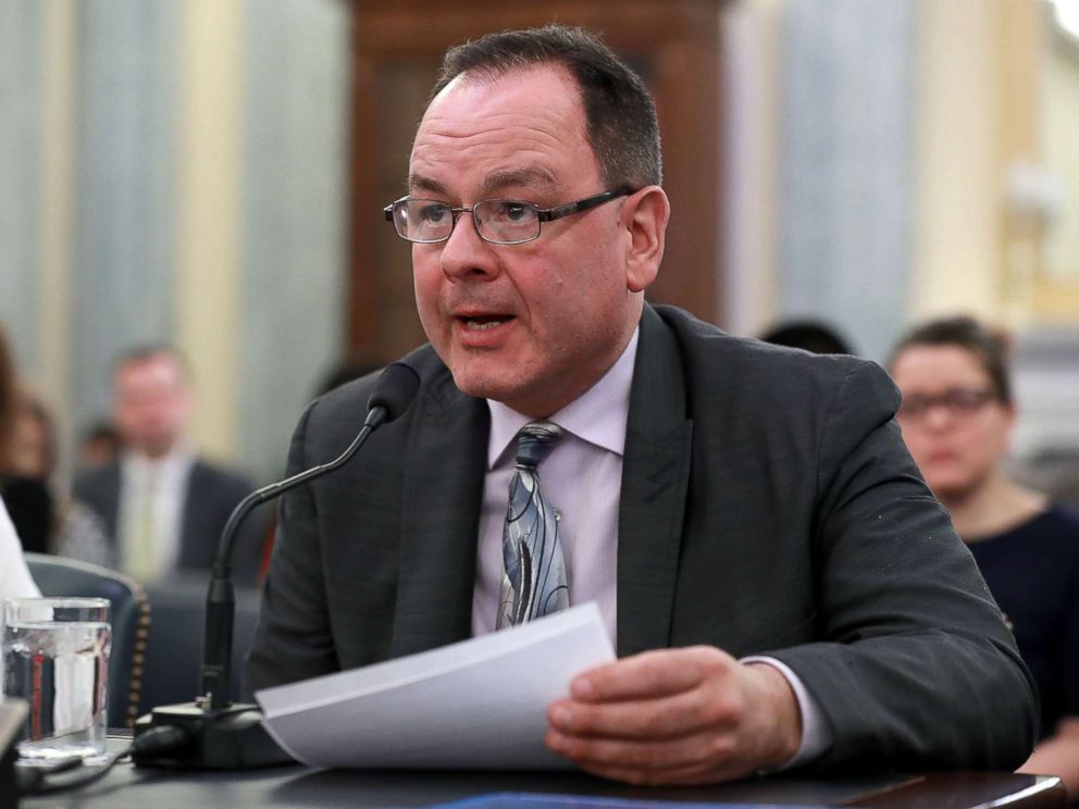 PHOTO: Figure skater Craig Maurizi recounts his sexual abuse at the hands of his coach when he was 13 years old while testifying before a Senate committee on Capitol Hill April 18, 2018 in Washington.