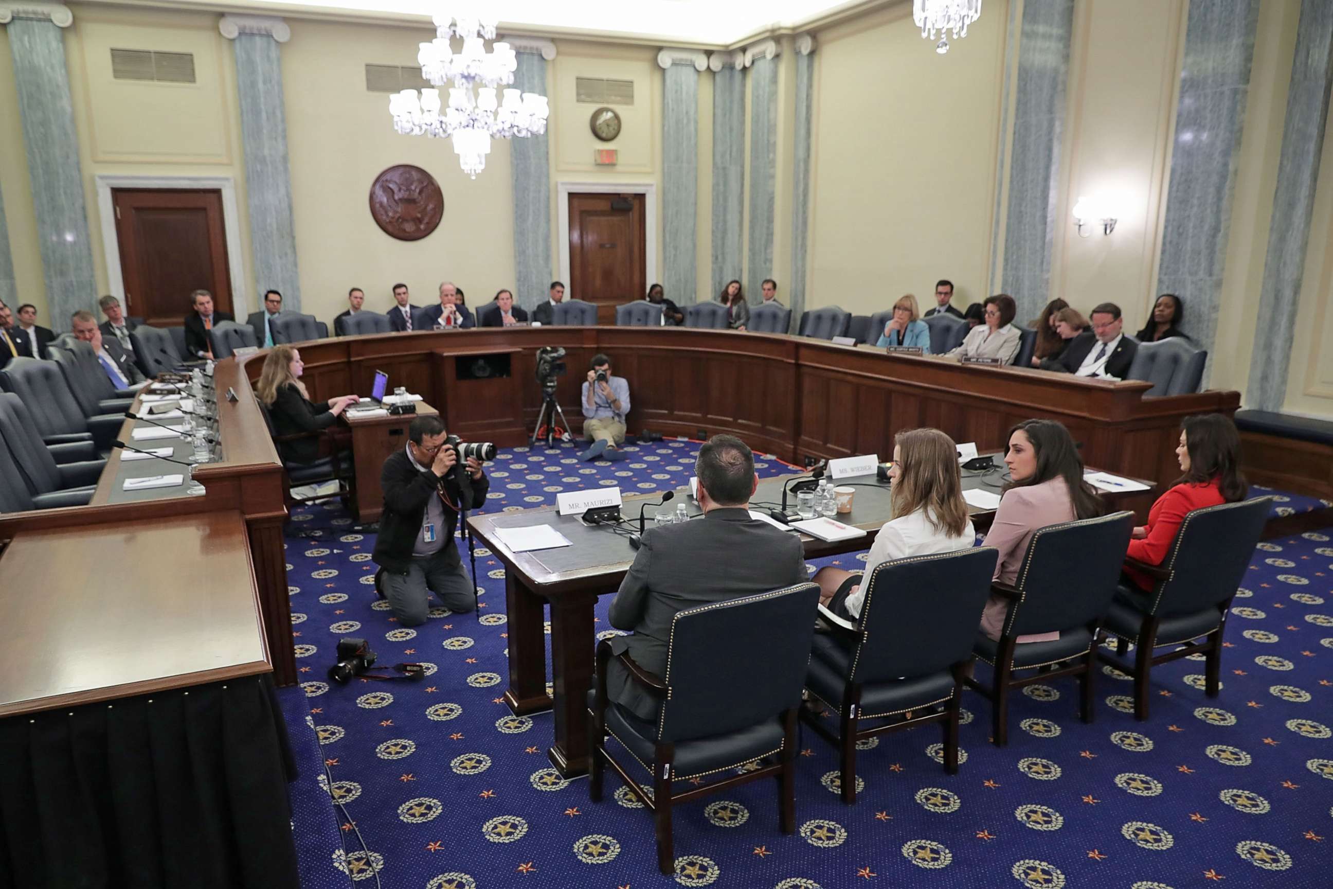 PHOTO: Figureskater Craig Maurizi, gymnast Jordyn Wieber and Jamie Dantzcher and speed skater Bridie Farrell testify during a Senate committee hearing, April 18, 2018 in Washington.