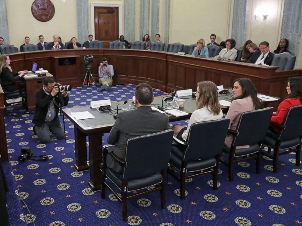 PHOTO: Figureskater Craig Maurizi, gymnast Jordyn Wieber and Jamie Dantzcher and speed skater Bridie Farrell testify during a Senate committee hearing, April 18, 2018 in Washington.