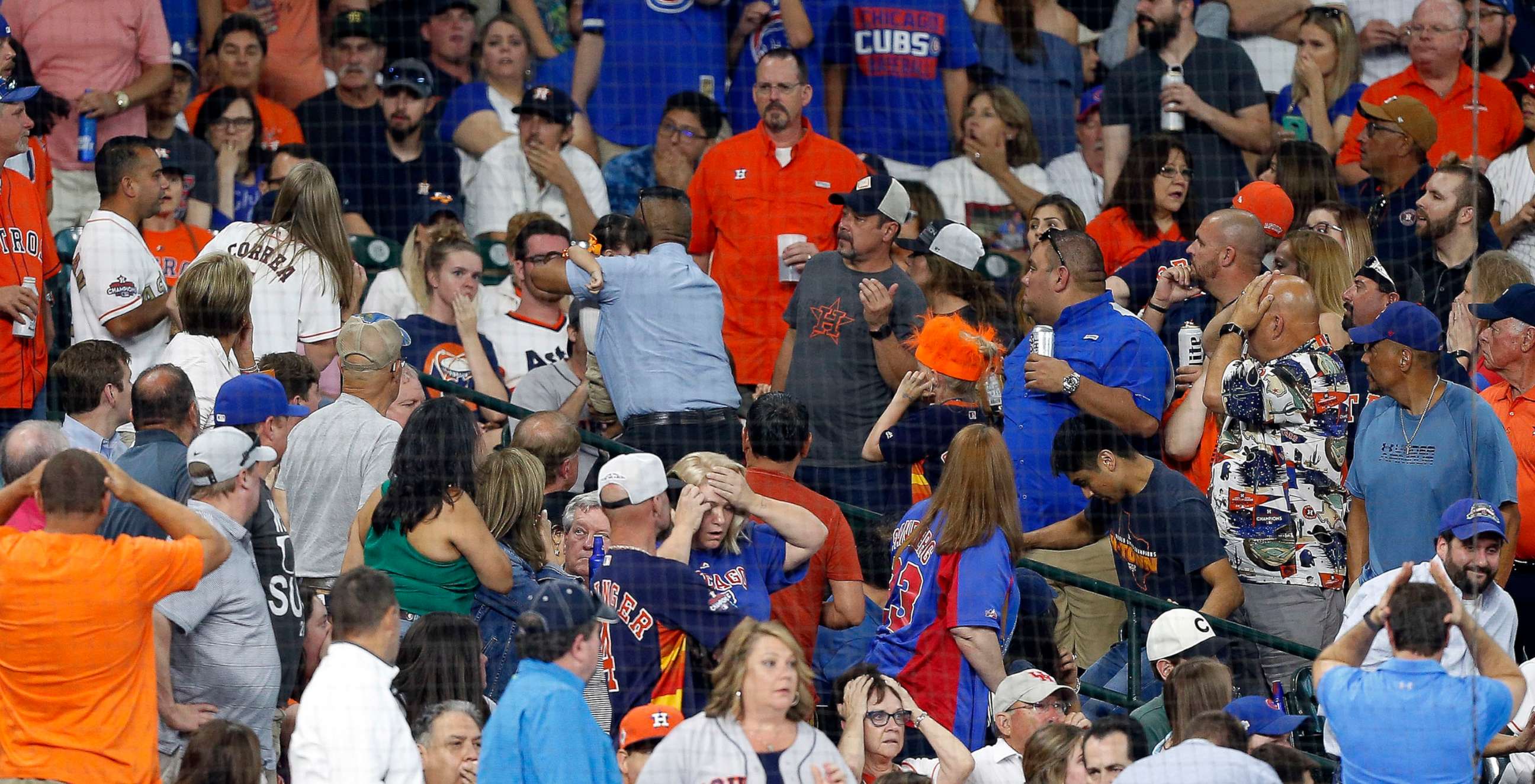 PHOTO: A young child is rushed from the stands after being injured by a hard foul ball off the bat of Albert Almora Jr. of the Chicago Cubs in the fourth inning at Minute Maid Park in Houston, May 29, 2019.