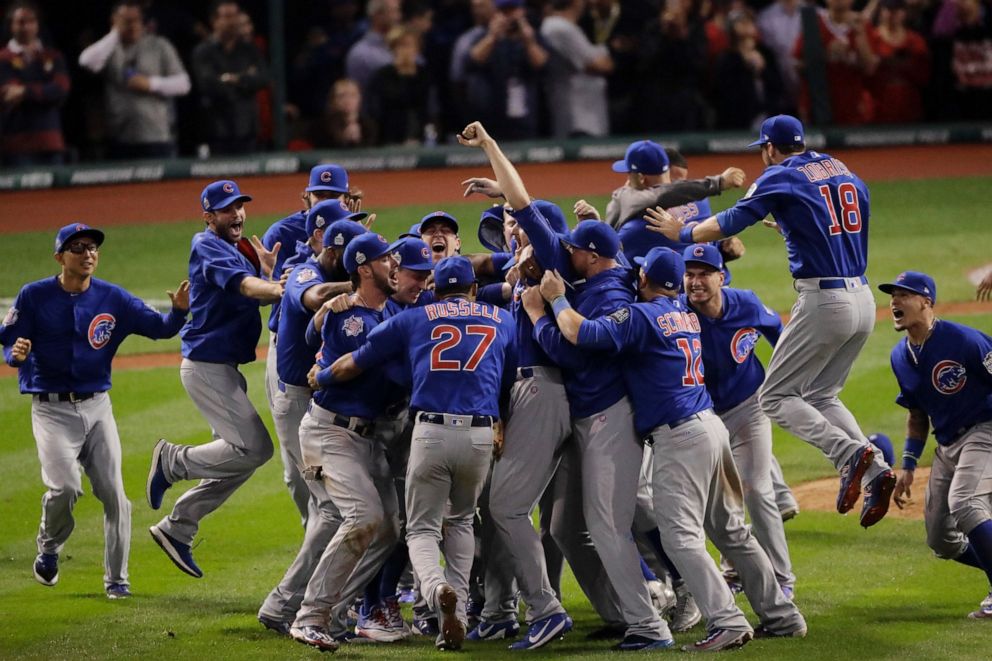 PHOTO: In this Nov. 3, 2016, file photo, the Chicago Cubs celebrate after Game 7 of the Major League Baseball World Series against the Cleveland Indians, in Cleveland.