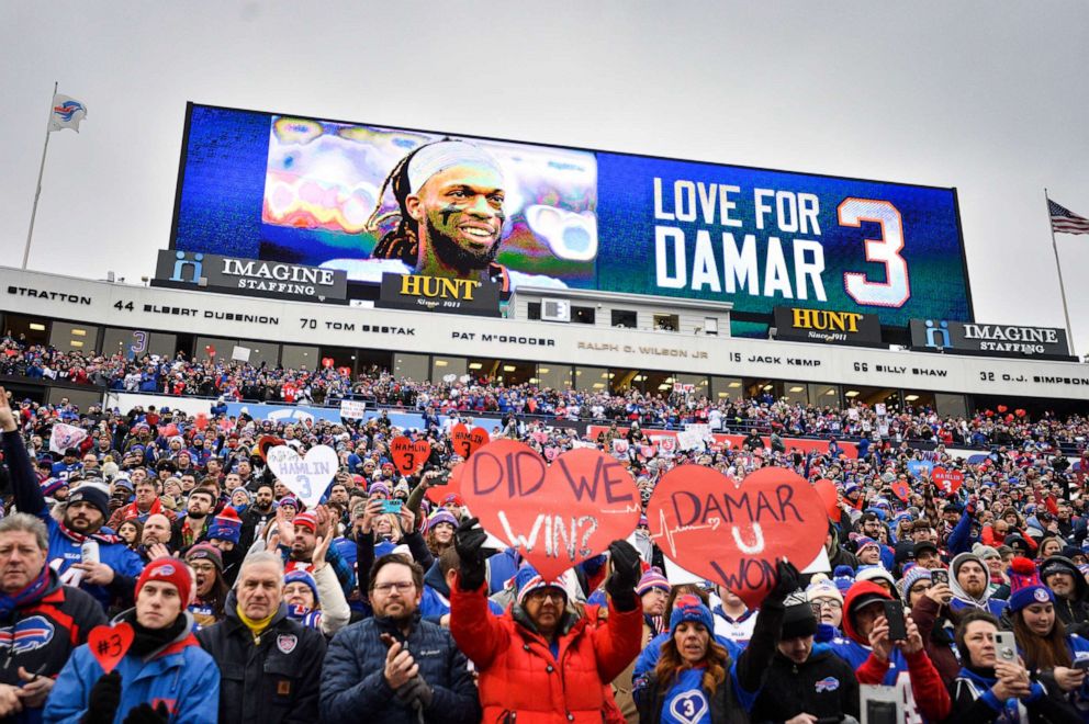 PHOTO: Fans stand in support for Buffalo Bills safety Damar Hamlin before an NFL football game against the New England Patriots, Sunday, Jan. 8, 2023, in Orchard Park, N.Y.