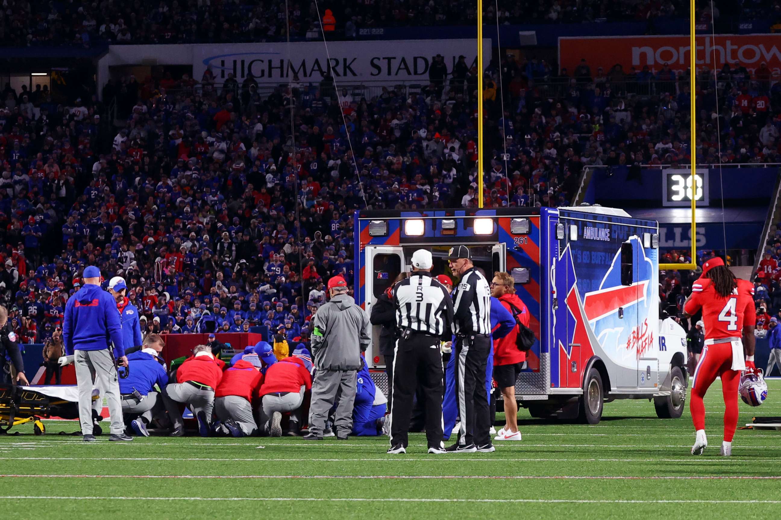 PHOTO: An ambulance waits on the field as medical staff attend to Buffalo Bills running back Damien Harris during the first half of an NFL football game against the New York Giants in Orchard Park, N.Y., Sunday Oct. 15, 2023. (AP Photo/ Jeffrey T. Barnes)