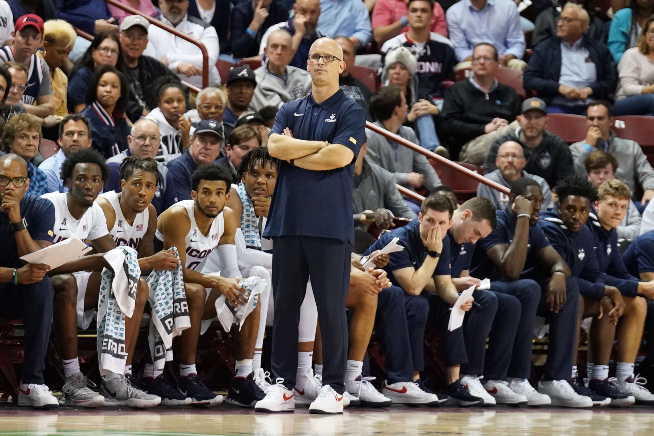 PHOTO: In this Nov. 22, 2019, file photo, head coach Dan Hurley of the Connecticut Huskies looks on during a second round Charleston Classic basketball game against the Xavier Musketeers at the TD Arena in Charleston, S.C.