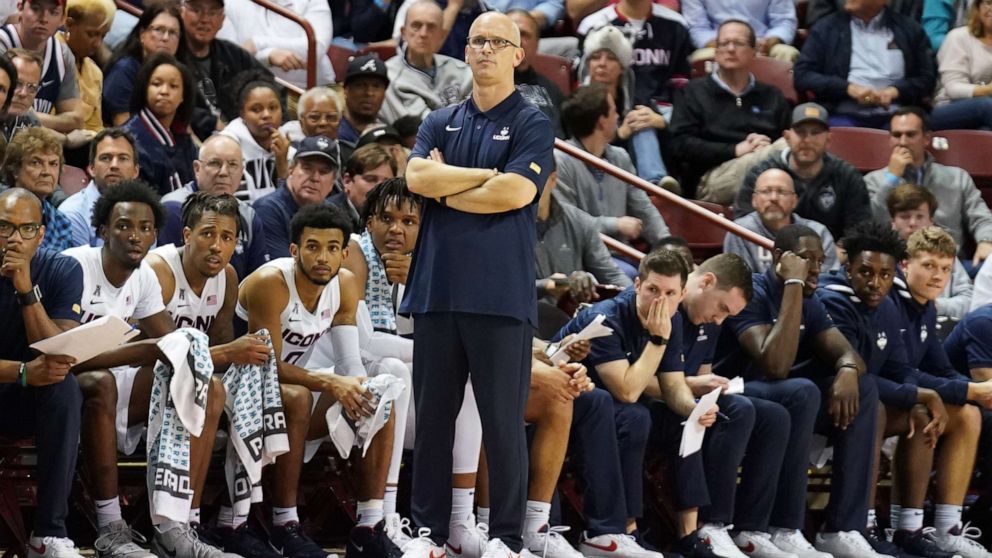 PHOTO: In this Nov. 22, 2019, file photo, head coach Dan Hurley of the Connecticut Huskies looks on during a second round Charleston Classic basketball game against the Xavier Musketeers at the TD Arena in Charleston, S.C.