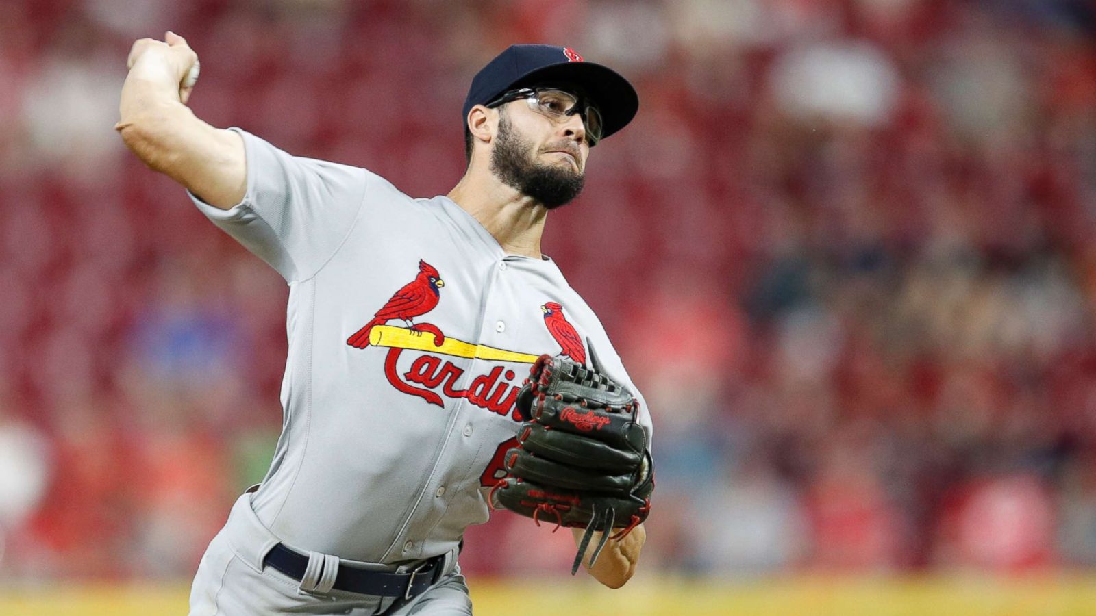 PHOTO: Daniel Poncedeleon of the St. Louis Cardinals pitches in the seventh inning against the Cincinnati Reds during a game at Great American Ball Park, July 23, 2018, in Cincinnati.