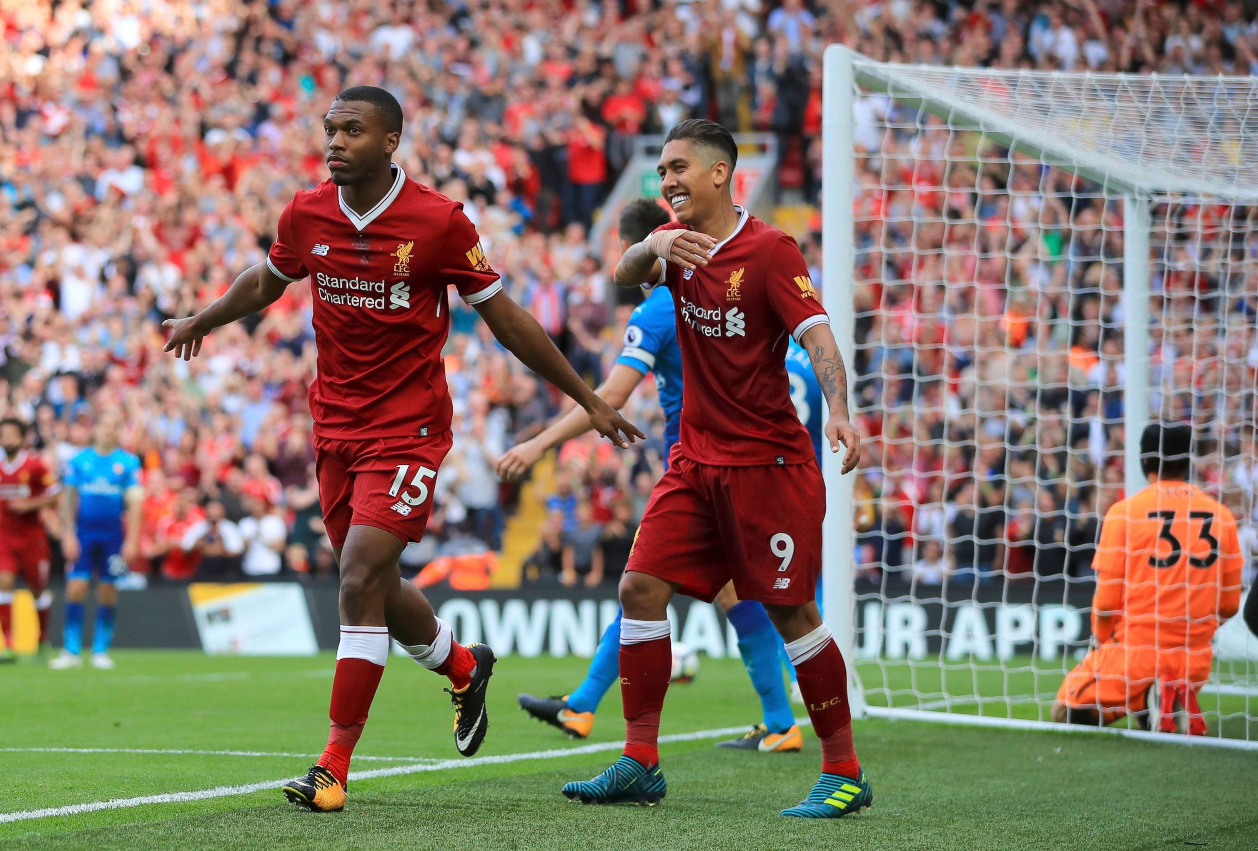 PHOTO: Liverpool's Daniel Sturridge, left, celebrates scoring his side's fourth goal of the game against Arsenal during their English Premier League soccer match at Anfield, Liverpool, England, Sunday Aug. 27, 2017.