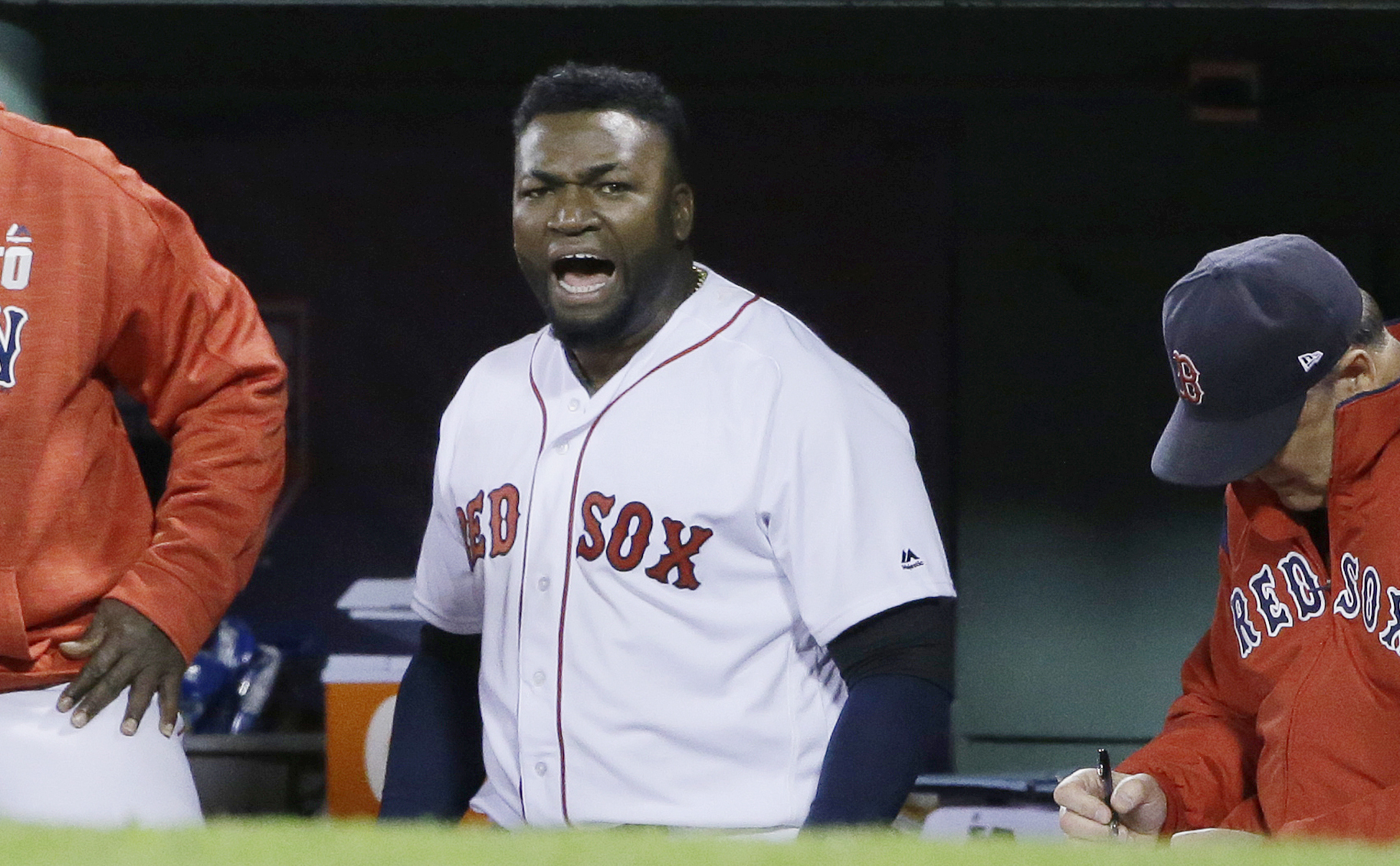 PHOTO: In this Oct. 10, 2016, file photo, Boston Red Sox designated hitter David Ortiz encourages the crowd from the dugout during the eighth inning in Game 3 of baseball's American League Division Series against the Cleveland Indians in Boston.